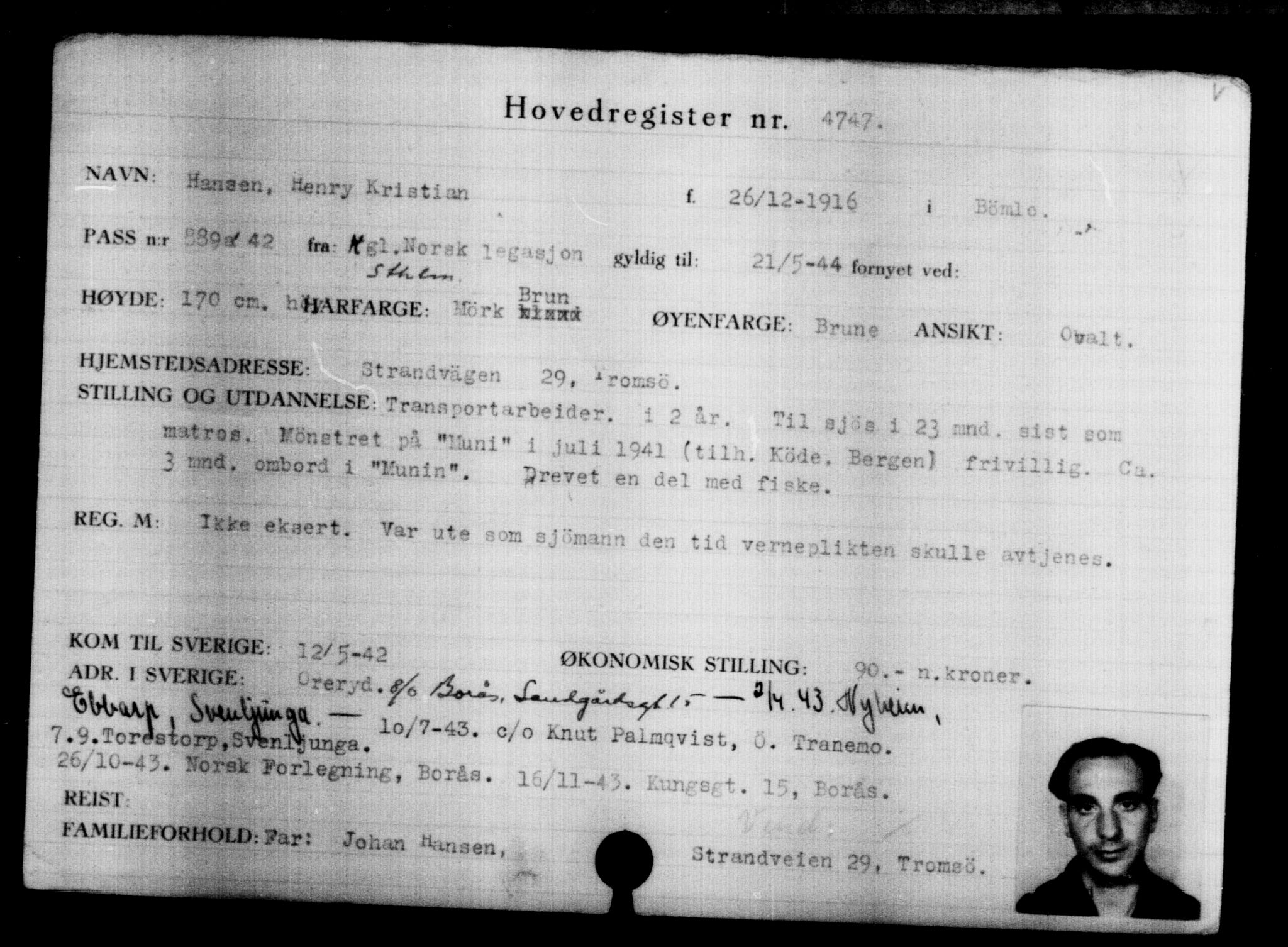Utenriksstasjonene, Legasjonen i Stockholm, Flyktningkontoret, AV/RA-S-6753/V/Va/L0004: Kjesäterkartoteket, flyktninger med registreringsnr. 3496-6610, 1940-1945, s. 1479
