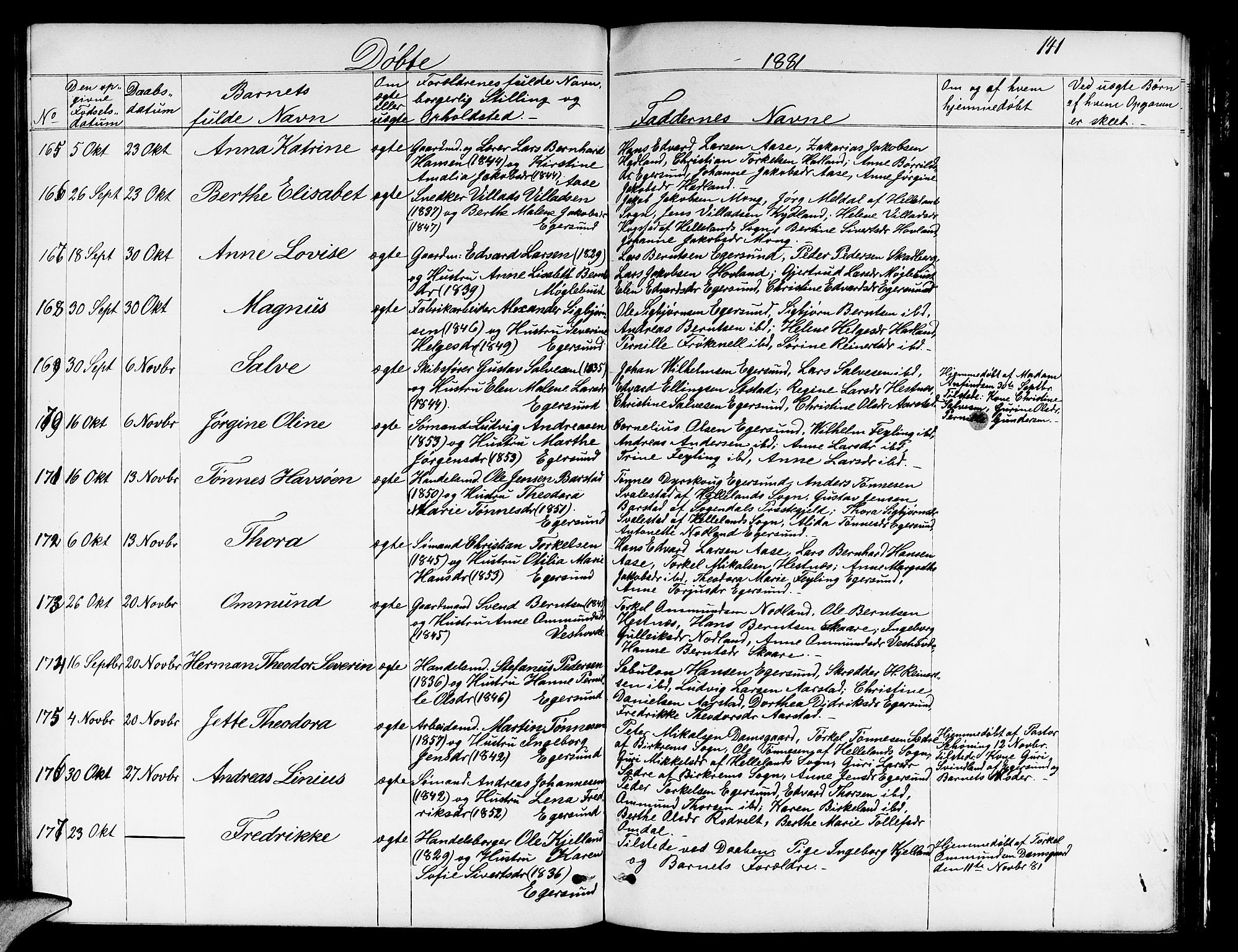 Eigersund sokneprestkontor, AV/SAST-A-101807/S09/L0005: Klokkerbok nr. B 5, 1872-1881, s. 141