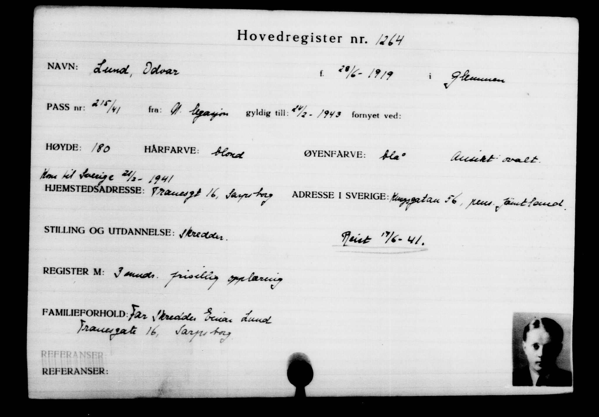 Utenriksstasjonene, Legasjonen i Stockholm, Flyktningkontoret, AV/RA-S-6753/V/Va/L0002: Kjesäterkartoteket, flyktninger med registreringsnr. 1001-2000, 1940-1945, s. 384