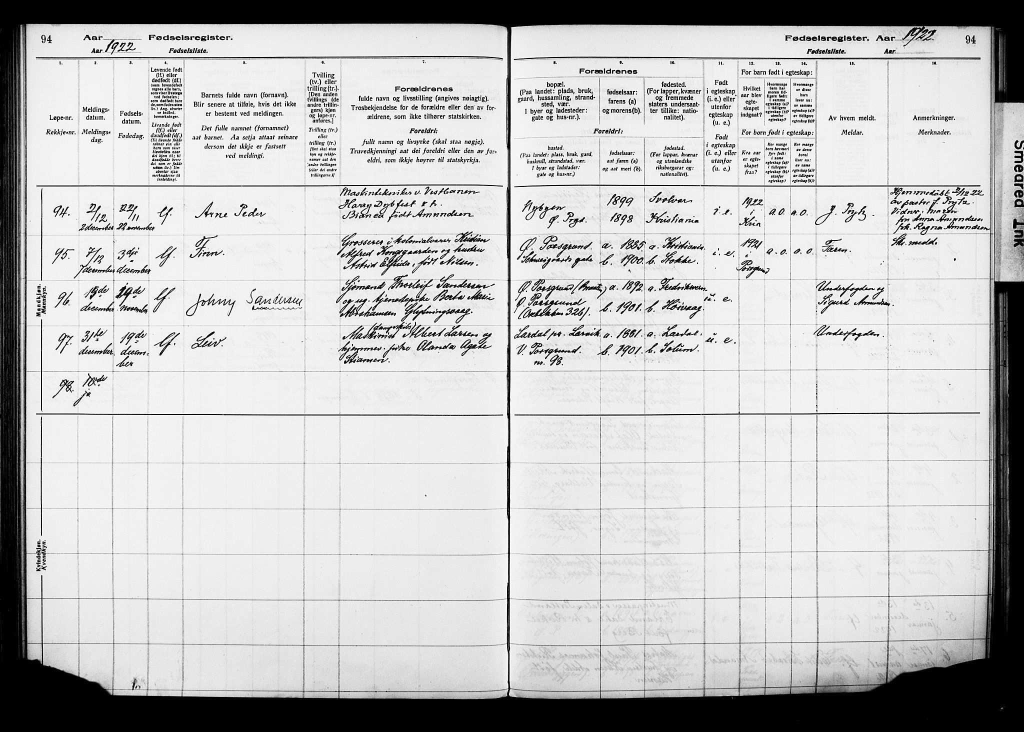 Porsgrunn kirkebøker , AV/SAKO-A-104/J/Ja/L0001: Fødselsregister nr. 1, 1916-1929, s. 94