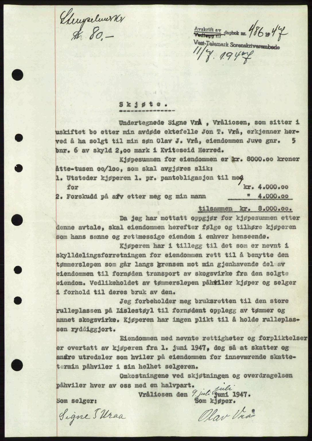 Vest-Telemark sorenskriveri, SAKO/A-134/G/Ga/Gac/L0008: Pantebok nr. A-8, 1947-1948, Dagboknr: 486/1947