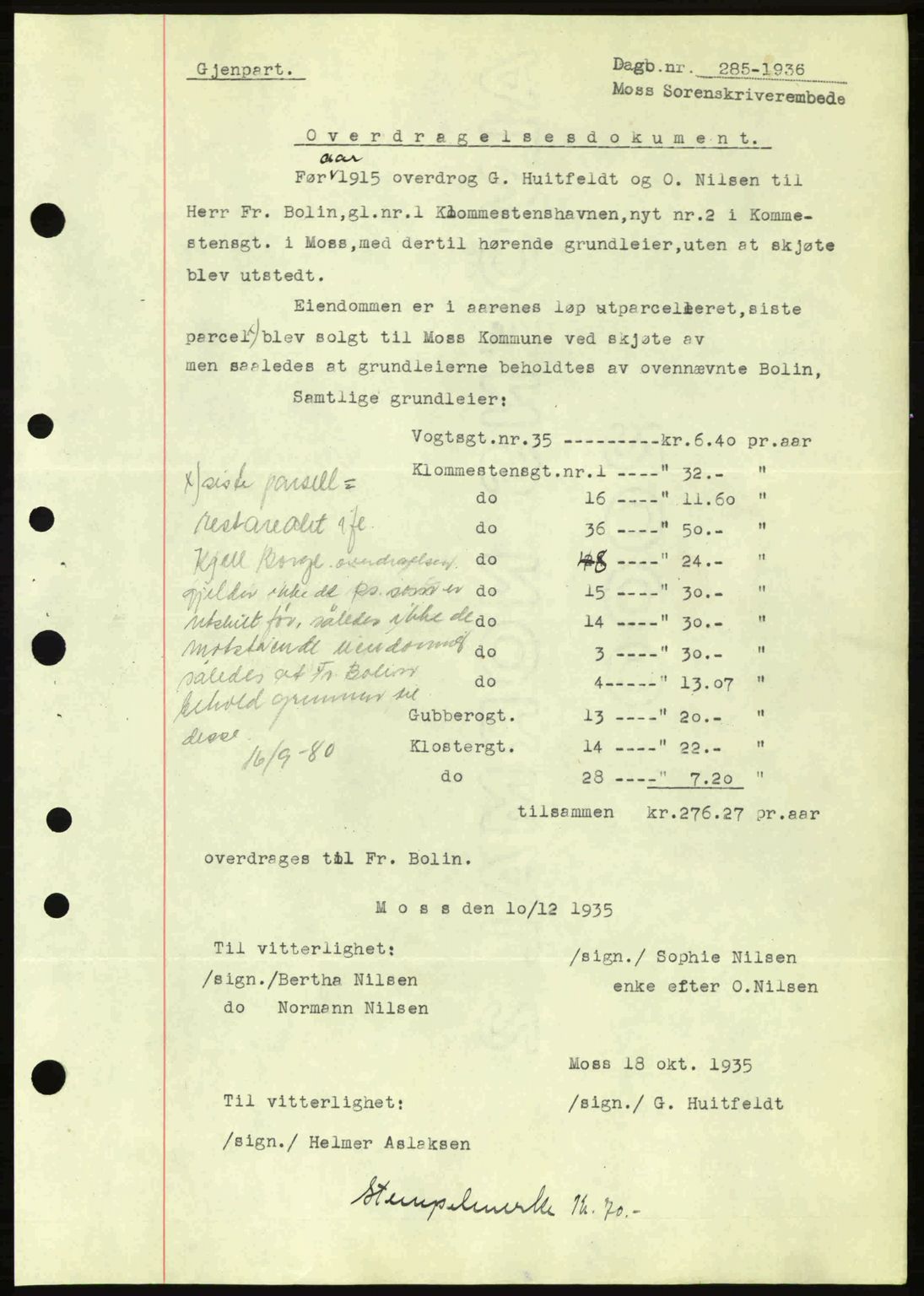 Moss sorenskriveri, SAO/A-10168: Pantebok nr. A1, 1936-1936, Dagboknr: 285/1936