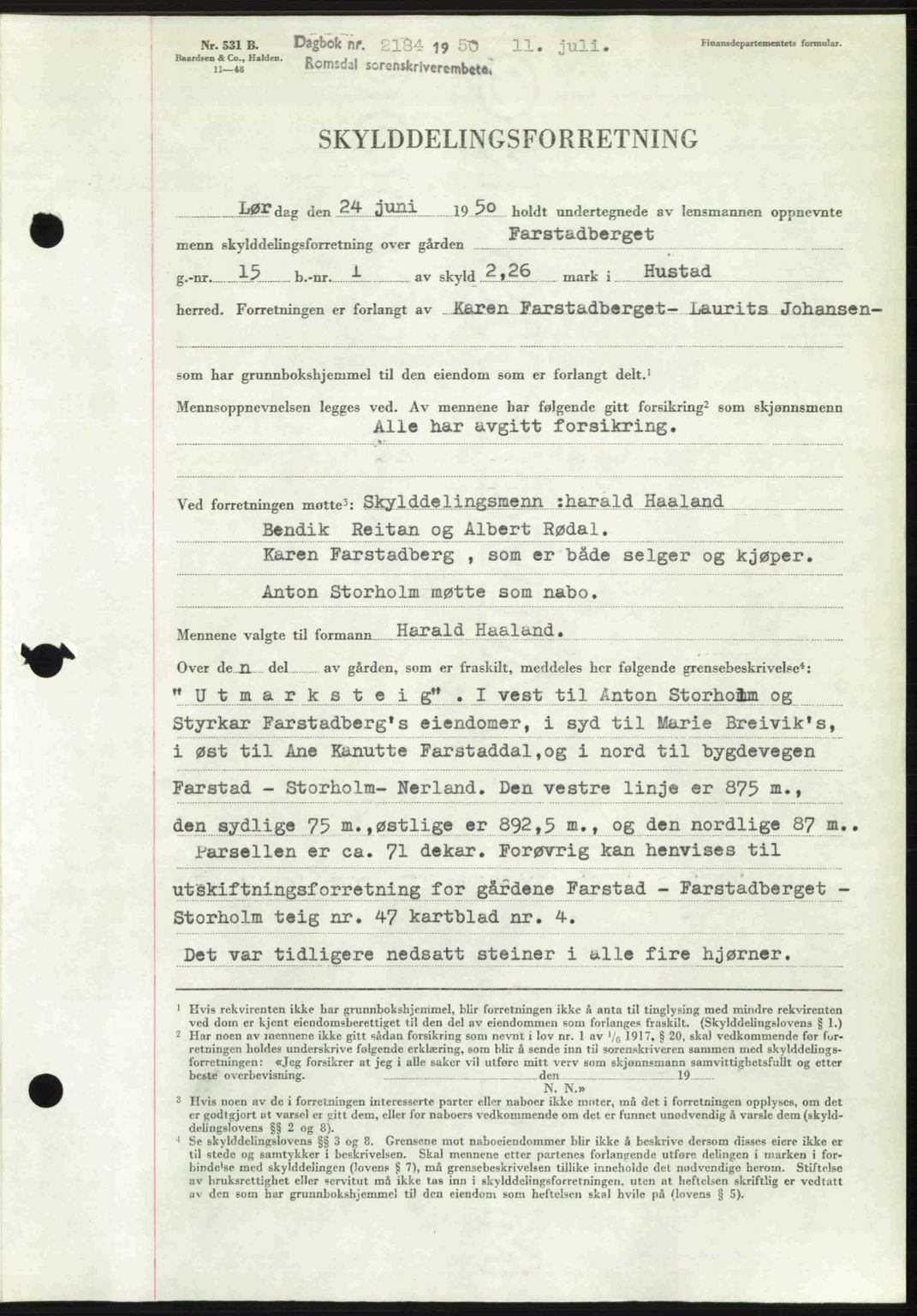 Romsdal sorenskriveri, SAT/A-4149/1/2/2C: Pantebok nr. A33, 1950-1950, Dagboknr: 2184/1950