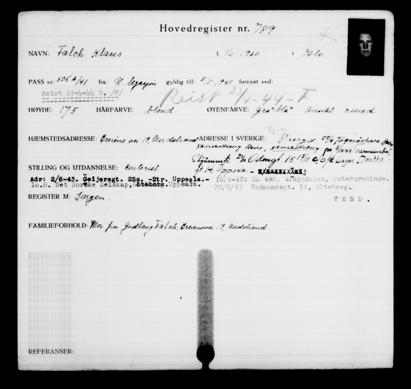 Utenriksstasjonene, Legasjonen i Stockholm, Flyktningkontoret, AV/RA-S-6753/V/Va/L0001: Kjesäterkartoteket, flyktninger med registreringsnr. 1-1000, 1940-1945, s. 1249