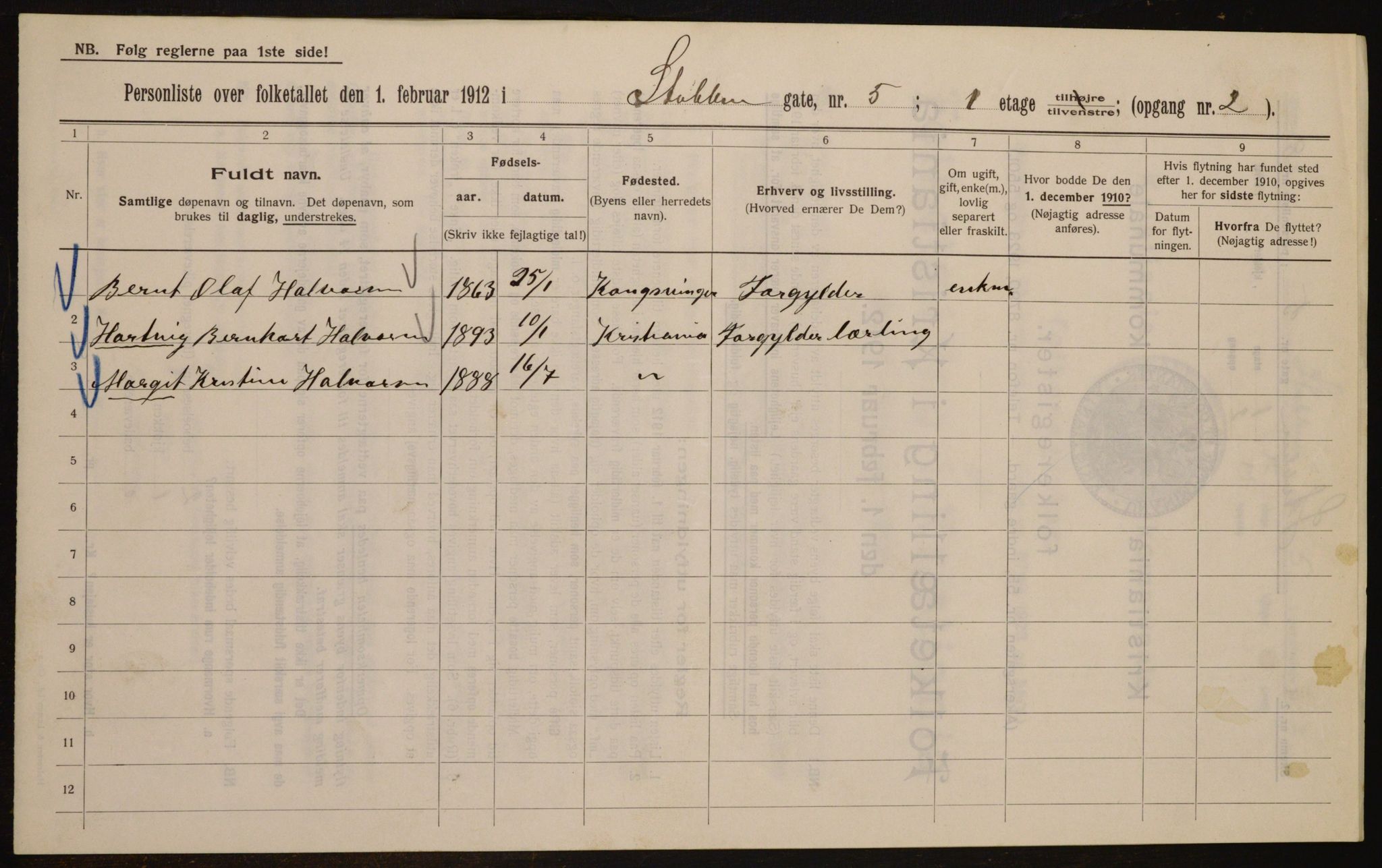 OBA, Kommunal folketelling 1.2.1912 for Kristiania, 1912, s. 104523