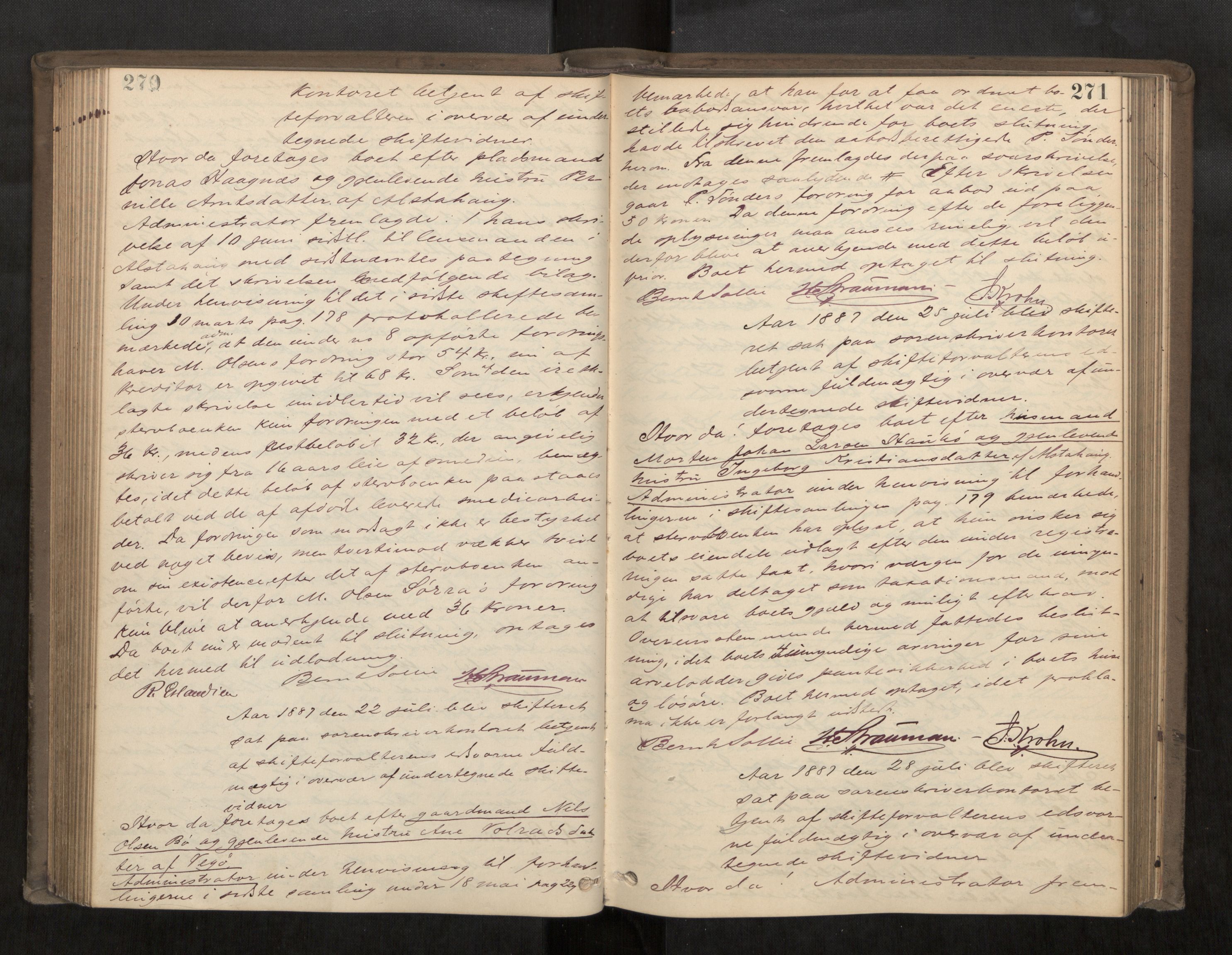 Søndre Helgeland sorenskriveri, AV/SAT-A-4575/1/3/3B/L0003: Skiftebehandlingsprotokoll, 1885-1889, s. 270-271