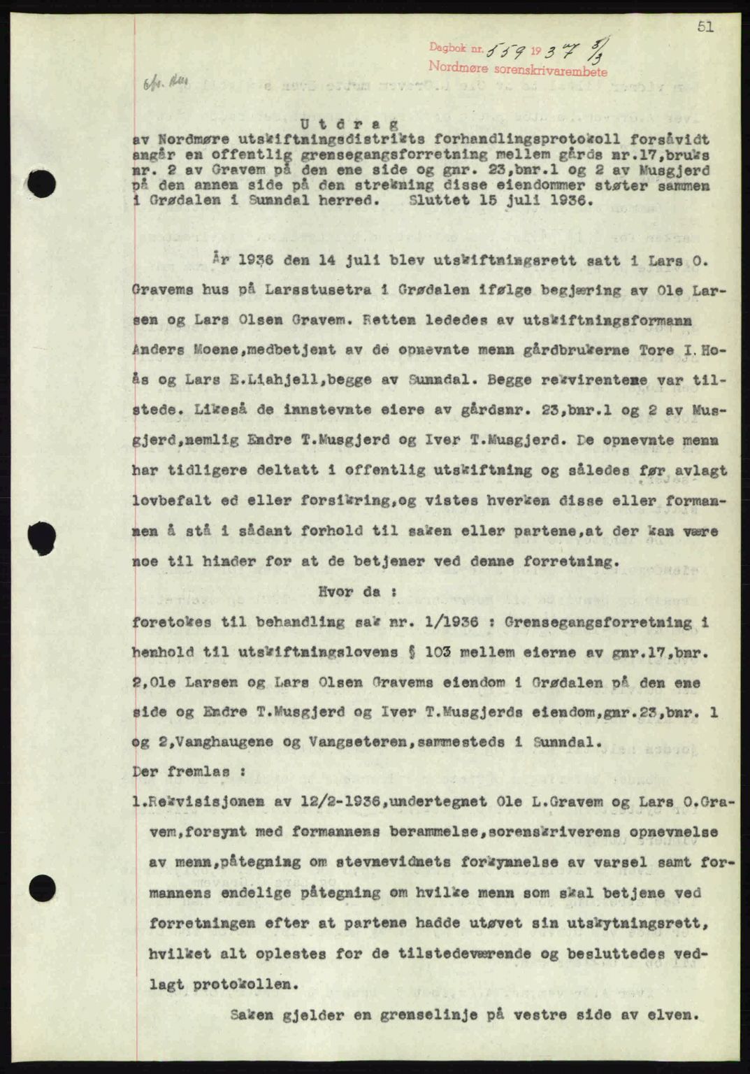Nordmøre sorenskriveri, SAT/A-4132/1/2/2Ca: Pantebok nr. A81, 1937-1937, Dagboknr: 559/1937