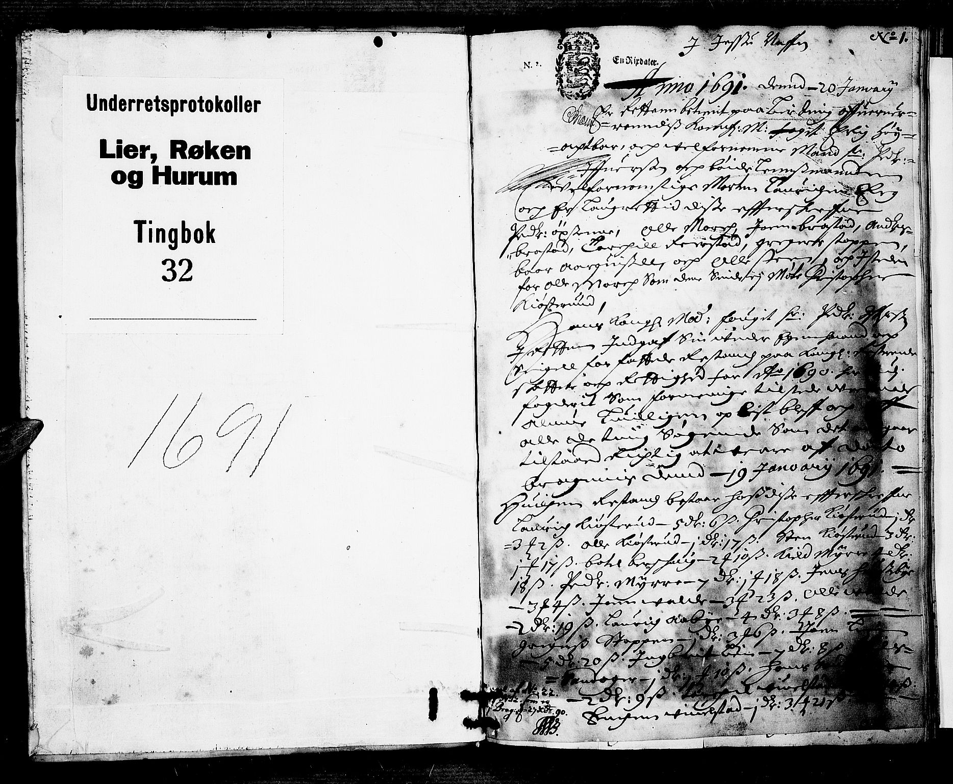 Lier, Røyken og Hurum sorenskriveri, SAKO/A-89/F/Fa/L0032: Tingbok, 1691, s. 1