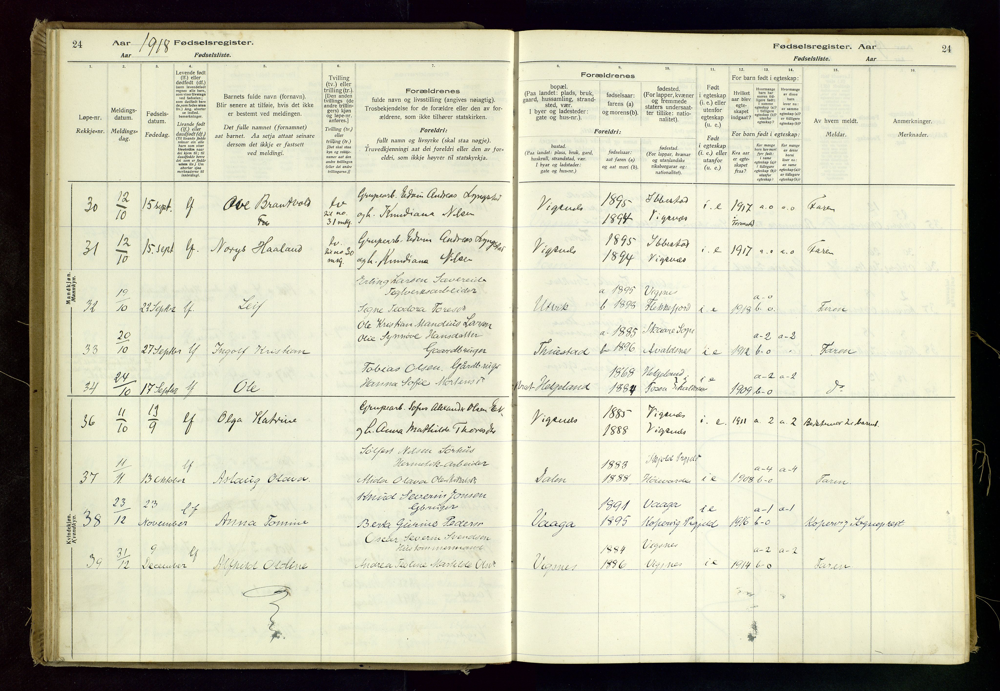 Avaldsnes sokneprestkontor, AV/SAST-A -101851/I/Id/L0001: Fødselsregister nr. 1, 1916-1946, s. 24