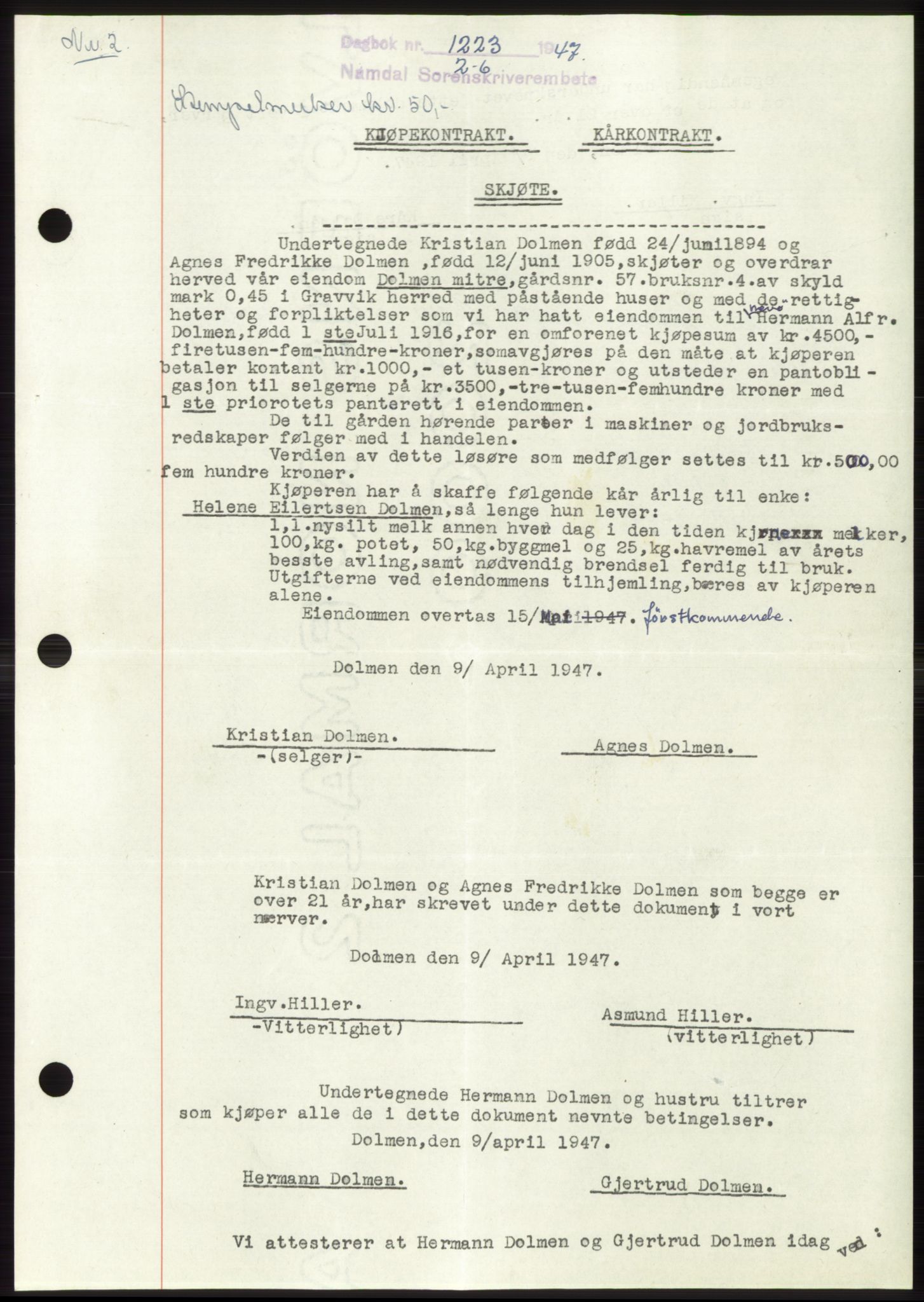 Namdal sorenskriveri, SAT/A-4133/1/2/2C: Pantebok nr. -, 1947-1947, Dagboknr: 1223/1947