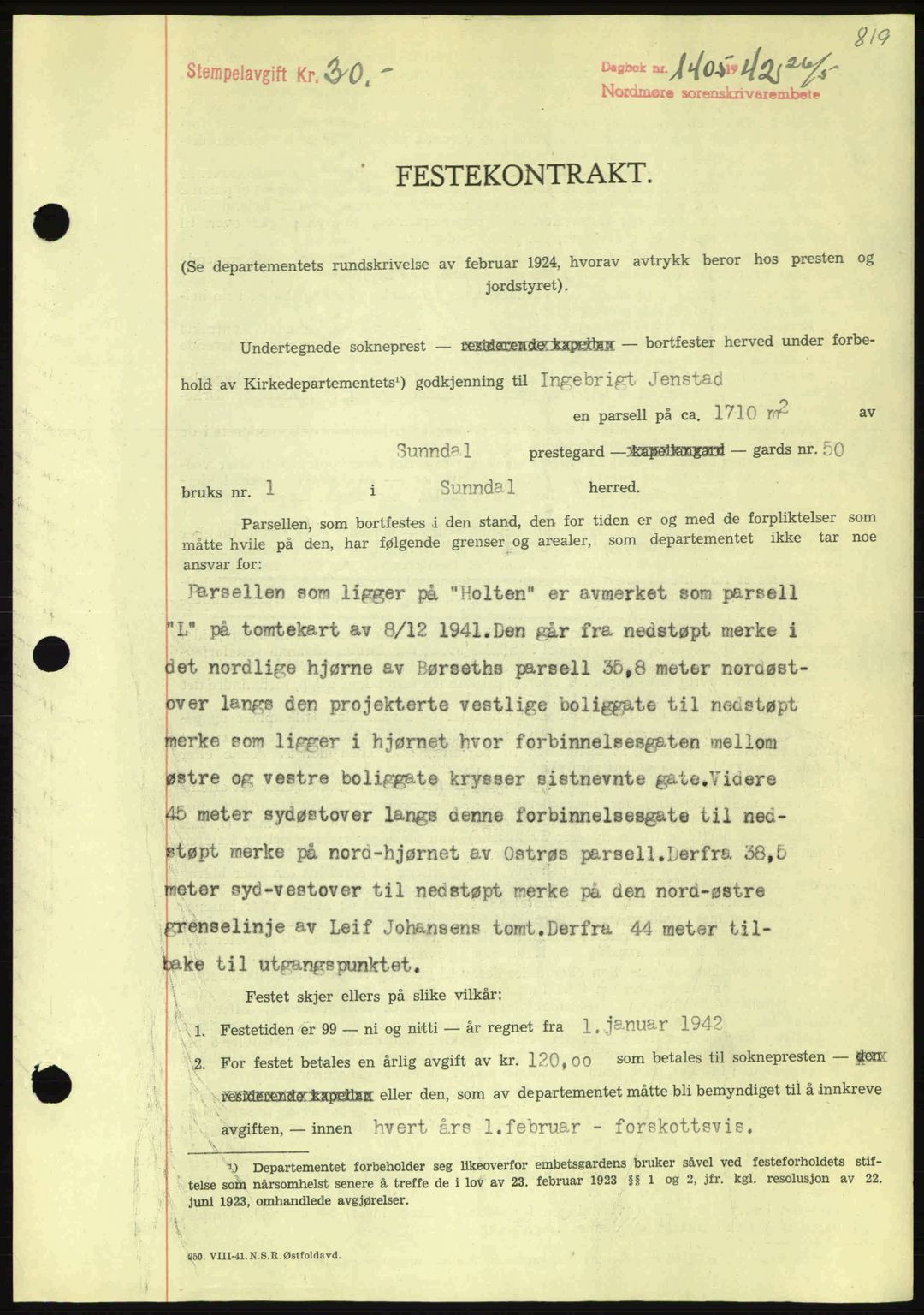 Nordmøre sorenskriveri, SAT/A-4132/1/2/2Ca: Pantebok nr. A92, 1942-1942, Dagboknr: 1405/1942