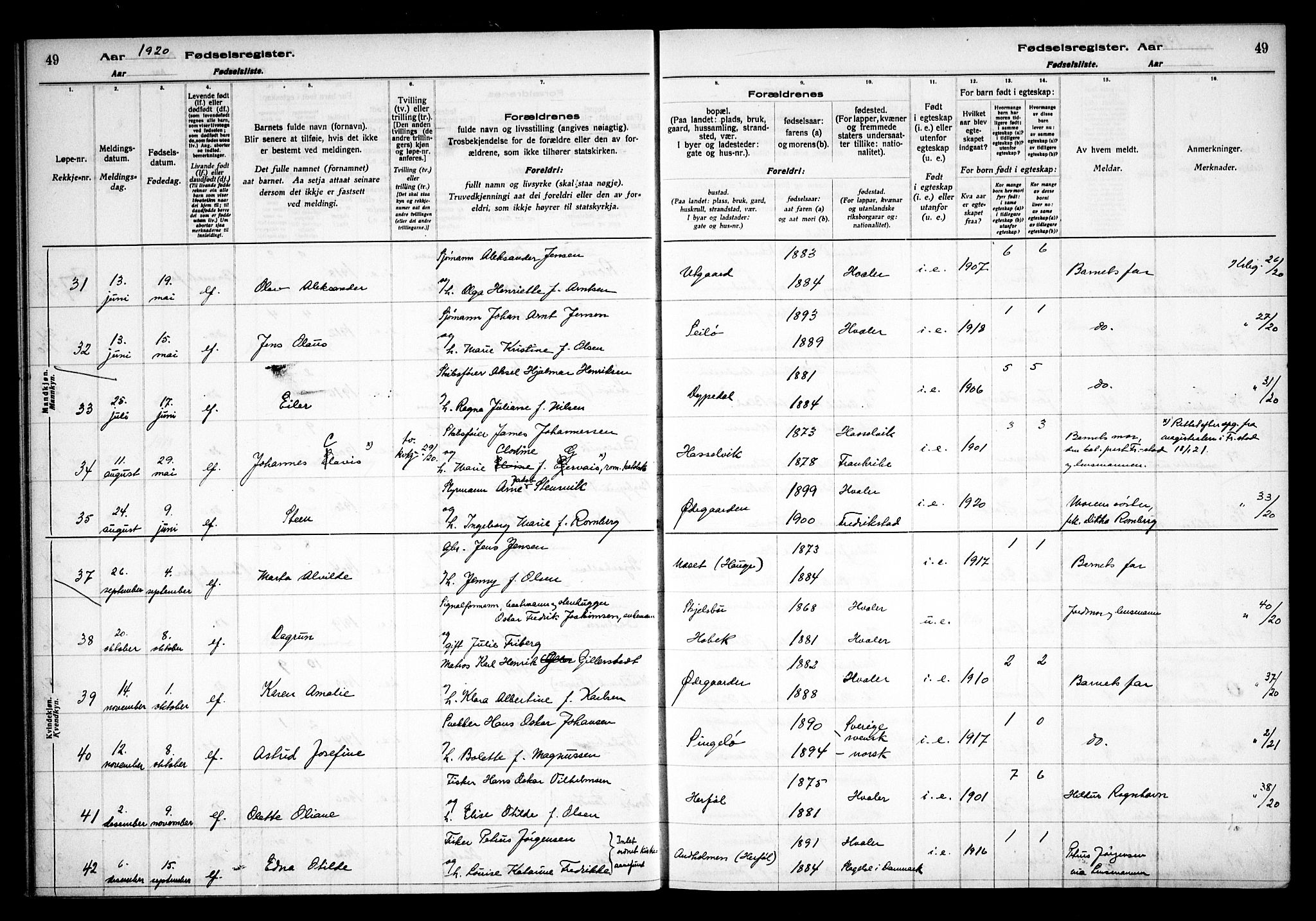 Hvaler prestekontor Kirkebøker, AV/SAO-A-2001/J/Ja/L0001: Fødselsregister nr. I 1, 1916-1938, s. 49