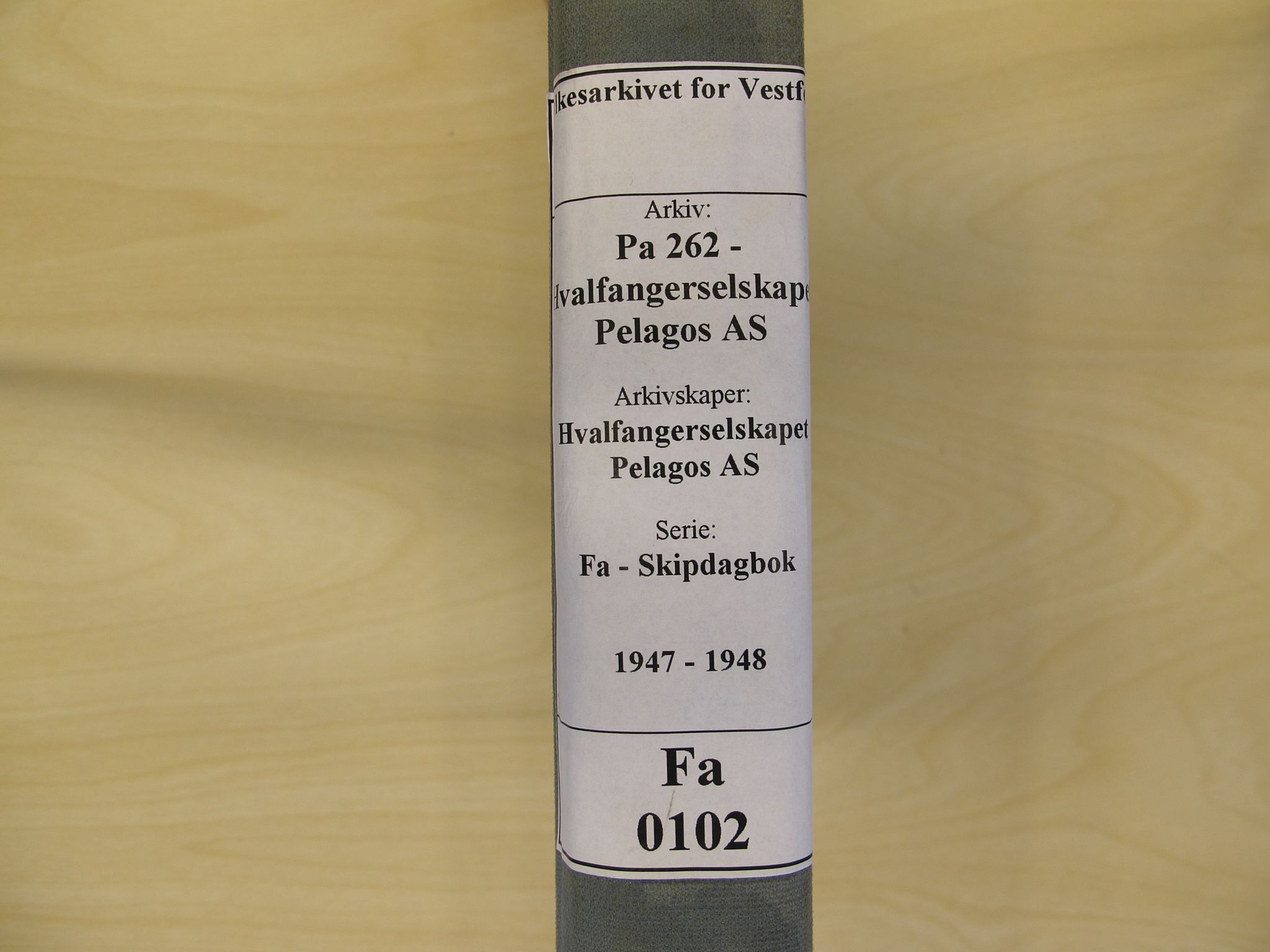 Pa 262 - Hvalfangerselskapet Pelagos AS, VEMU/A-1330/F/Fa/L0102: Pelagos, fl.k. - dekksdagbok, 1947-1948
