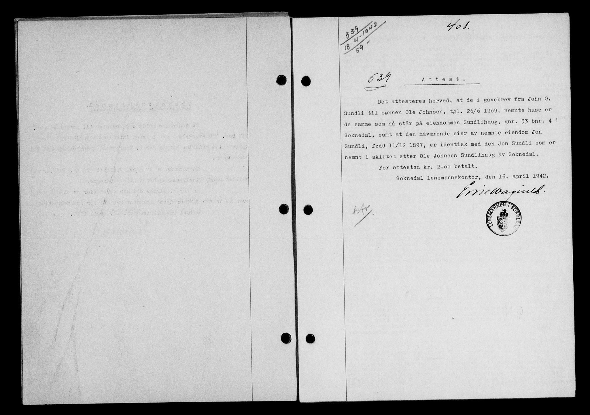 Gauldal sorenskriveri, SAT/A-0014/1/2/2C/L0054: Pantebok nr. 59, 1941-1942, Dagboknr: 539/1942