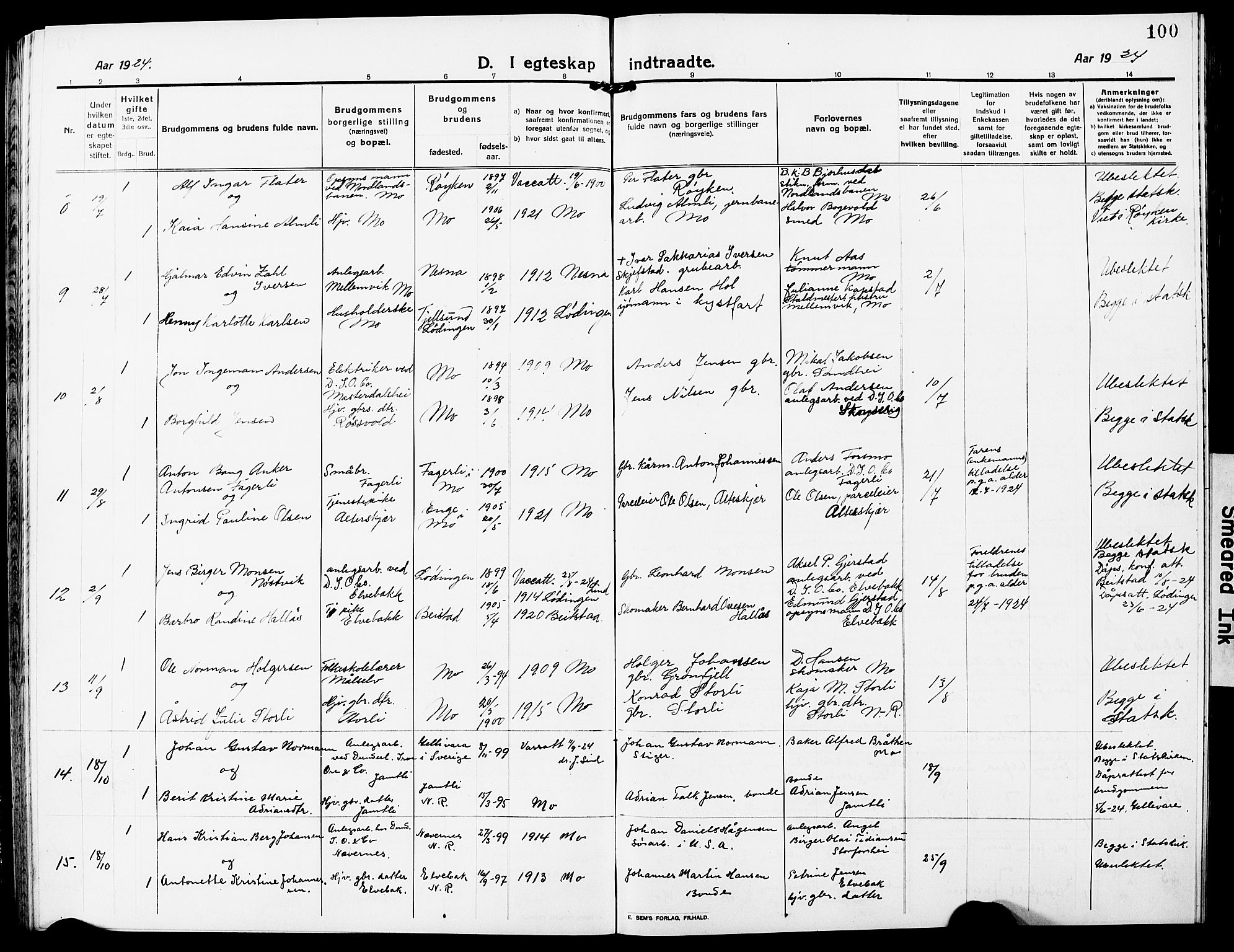 Ministerialprotokoller, klokkerbøker og fødselsregistre - Nordland, SAT/A-1459/827/L0424: Klokkerbok nr. 827C13, 1921-1930, s. 100