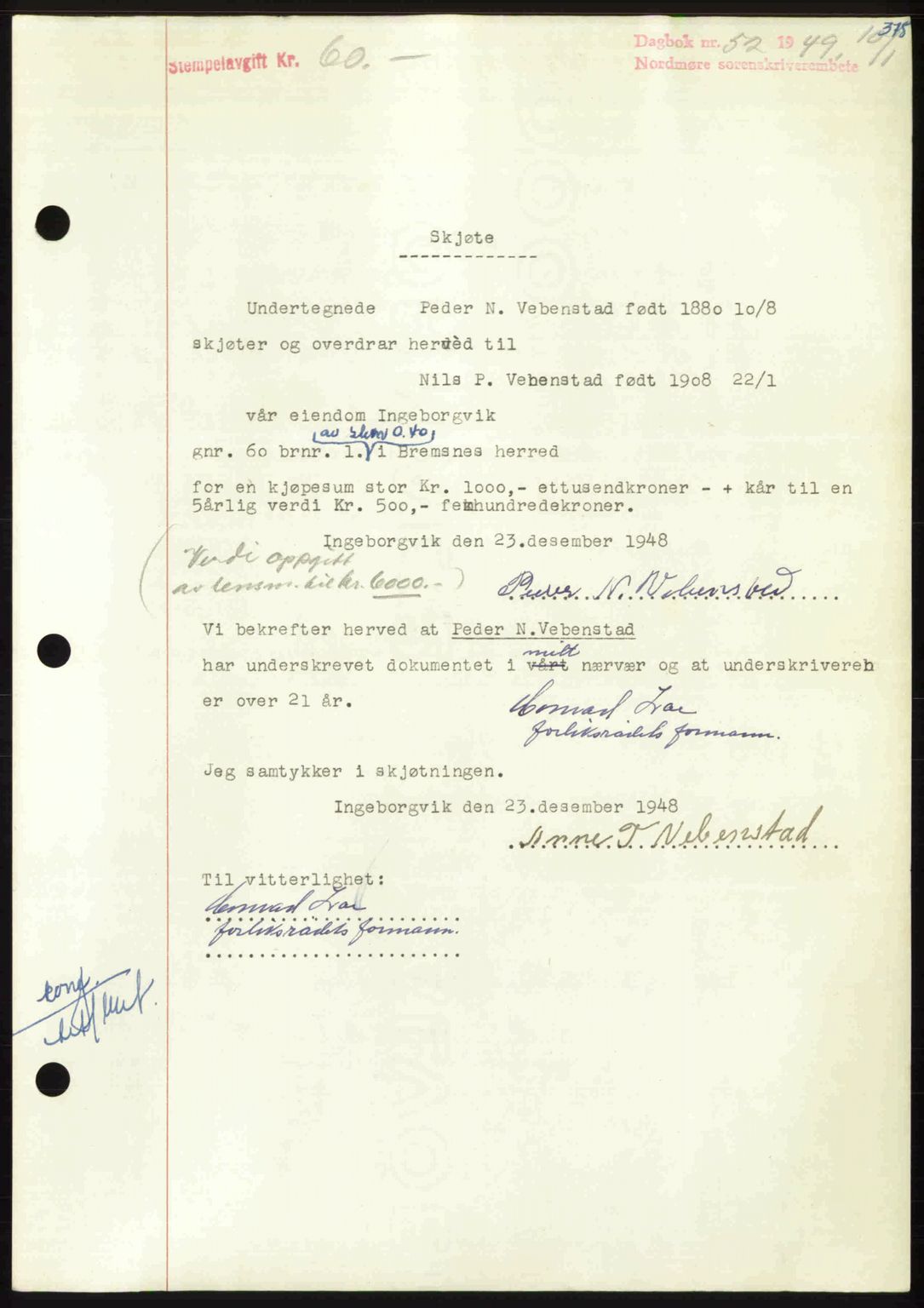Nordmøre sorenskriveri, SAT/A-4132/1/2/2Ca: Pantebok nr. A110, 1948-1949, Dagboknr: 52/1949