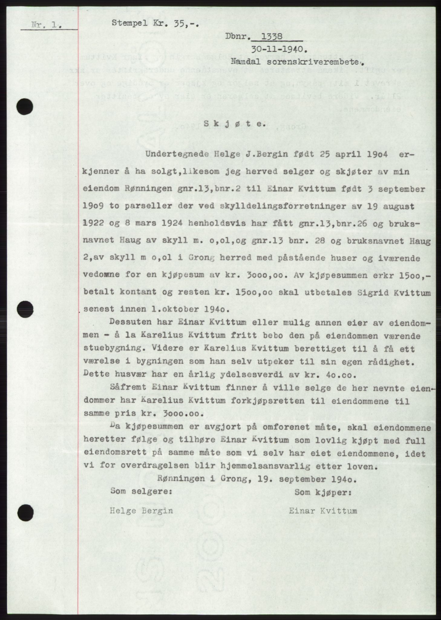Namdal sorenskriveri, SAT/A-4133/1/2/2C: Pantebok nr. -, 1940-1941, Tingl.dato: 30.11.1940