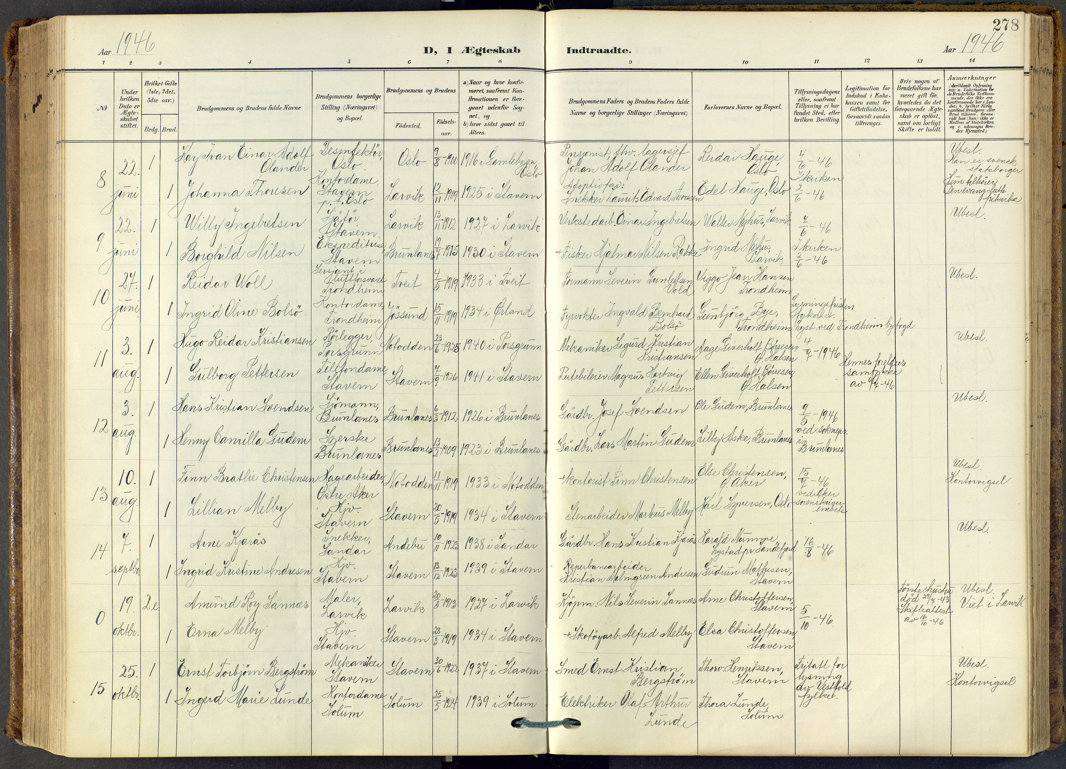 Stavern kirkebøker, AV/SAKO-A-318/F/Fa/L0009: Ministerialbok nr. 9, 1906-1955, s. 278