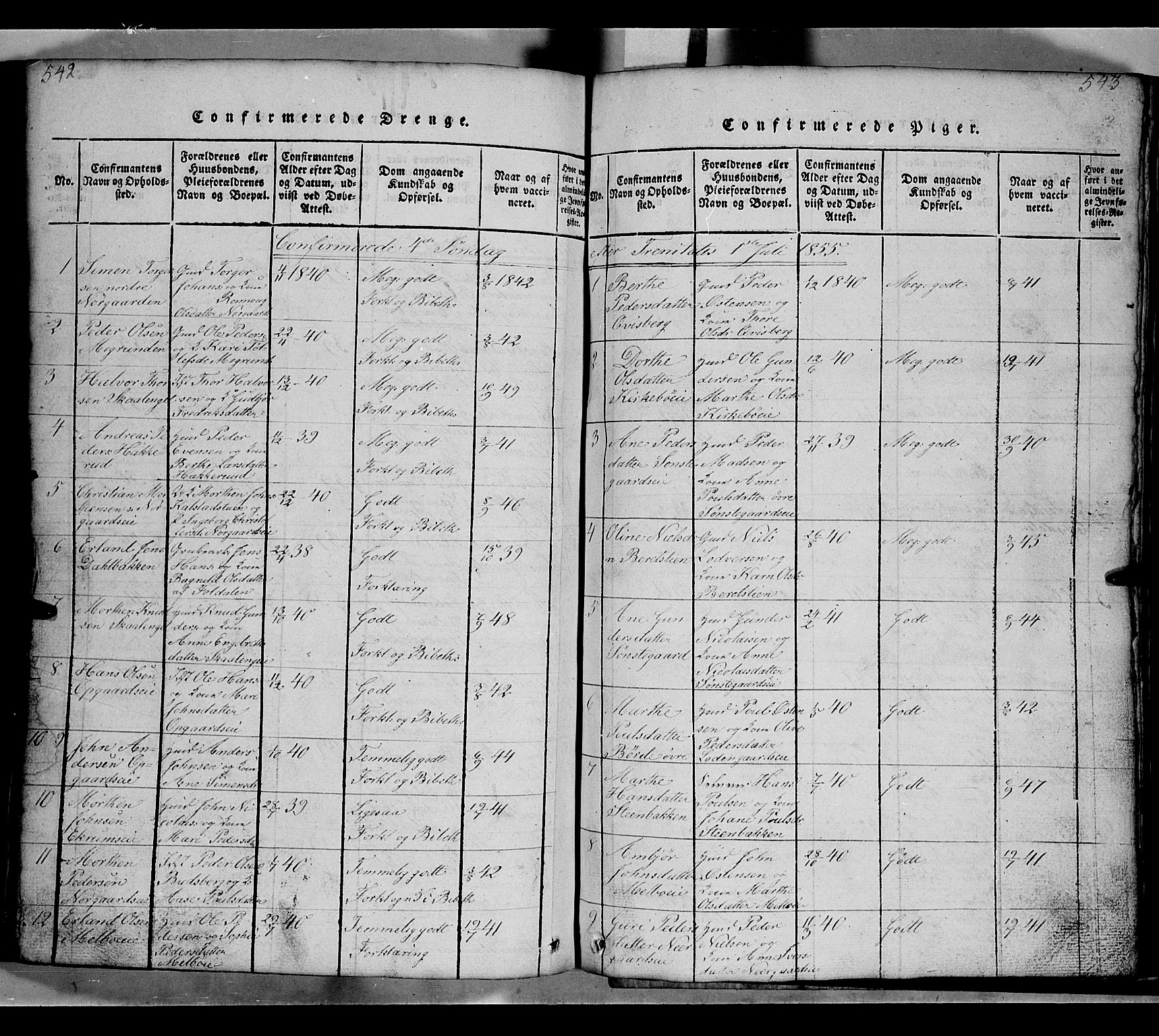 Gausdal prestekontor, SAH/PREST-090/H/Ha/Hab/L0002: Klokkerbok nr. 2, 1818-1874, s. 542-543