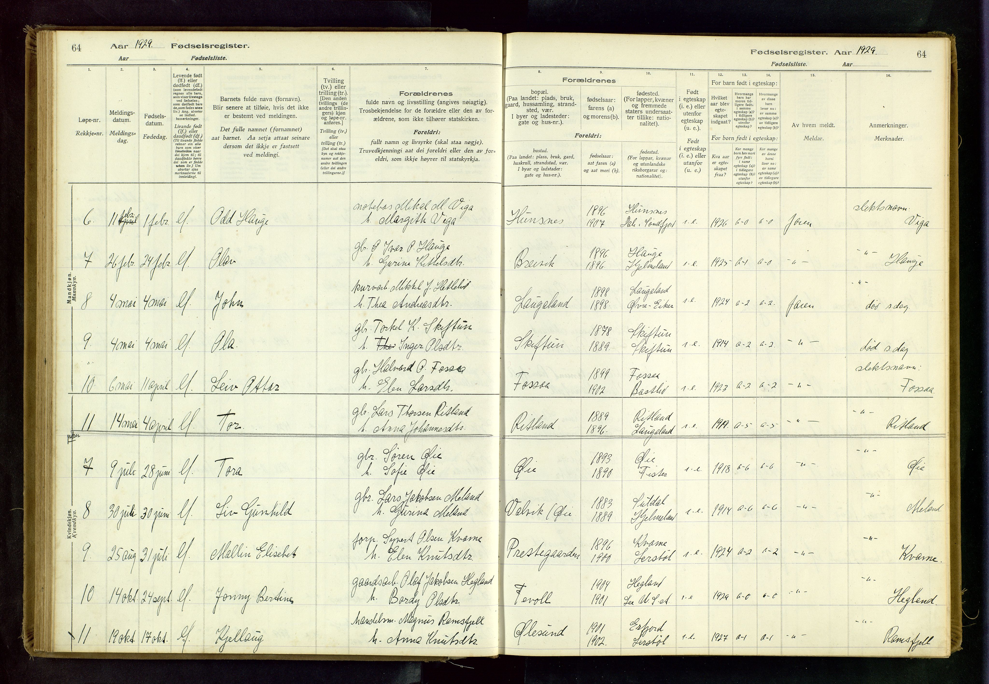 Hjelmeland sokneprestkontor, AV/SAST-A-101843/02/B/L0001: Fødselsregister nr. 1, 1916-1963, s. 64