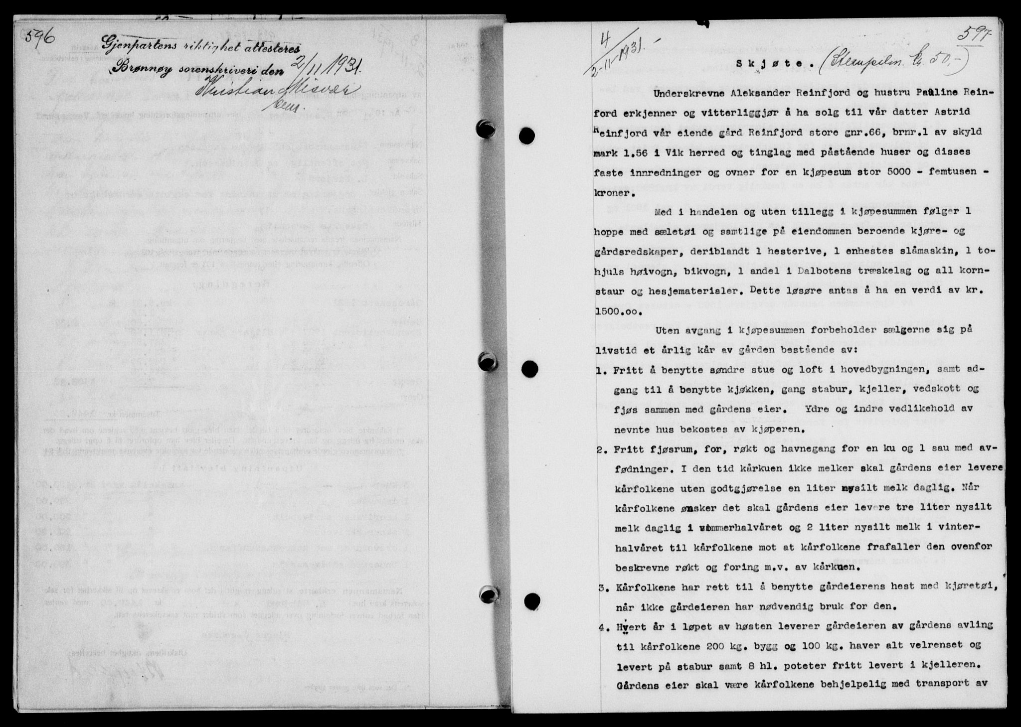 Brønnøy sorenskriveri, SAT/A-4170/1/2/2C/L0009: Pantebok nr. 9, 1931-1932, s. 596-597, Tingl.dato: 02.11.1931