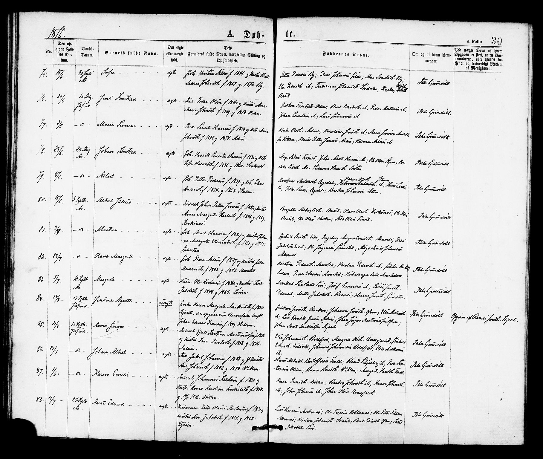 Ministerialprotokoller, klokkerbøker og fødselsregistre - Sør-Trøndelag, AV/SAT-A-1456/655/L0679: Ministerialbok nr. 655A08, 1873-1879, s. 30