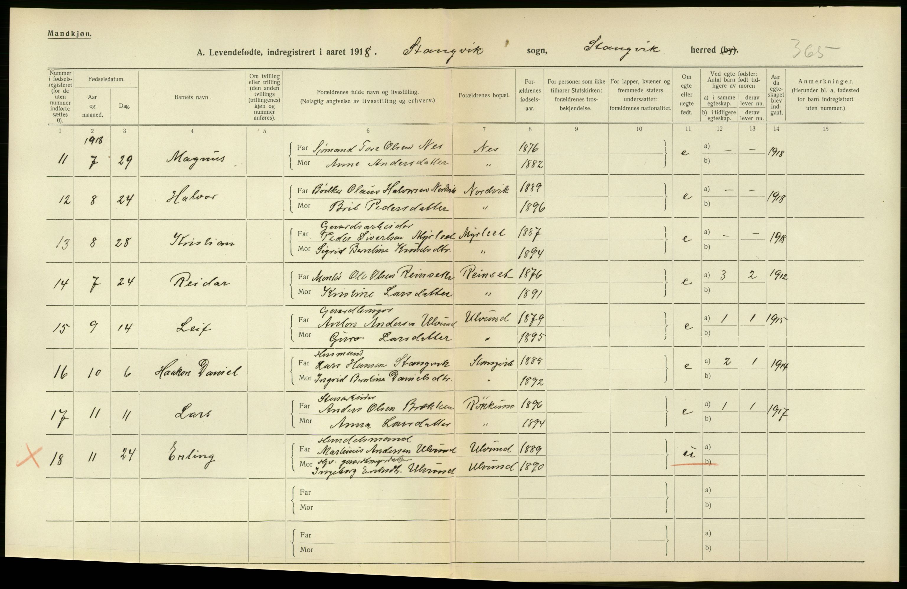 Statistisk sentralbyrå, Sosiodemografiske emner, Befolkning, RA/S-2228/D/Df/Dfb/Dfbh/L0043: Møre fylke: Levendefødte menn og kvinner. Bygder., 1918, s. 462