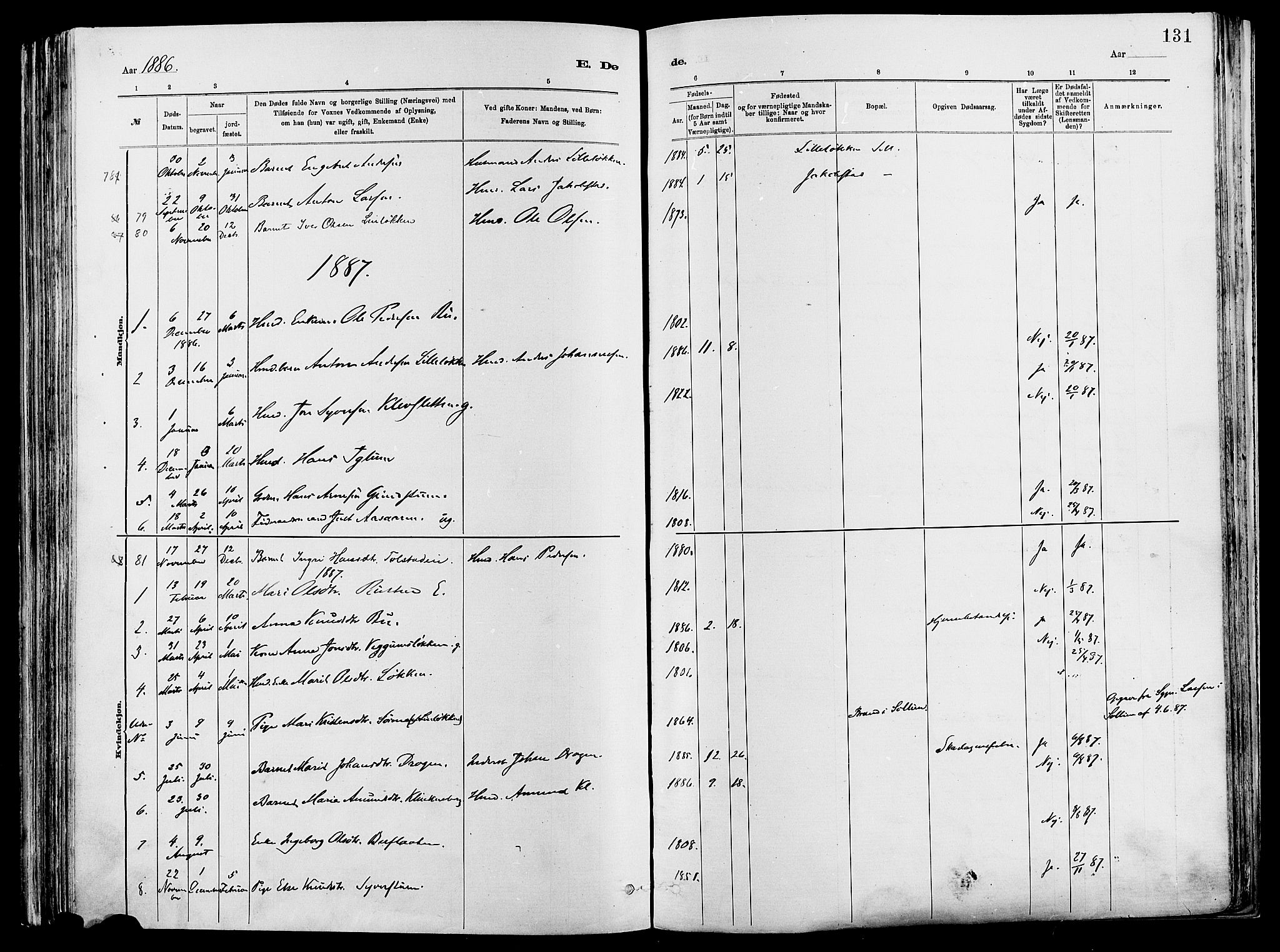 Vågå prestekontor, AV/SAH-PREST-076/H/Ha/Haa/L0008: Ministerialbok nr. 8, 1886-1904, s. 131