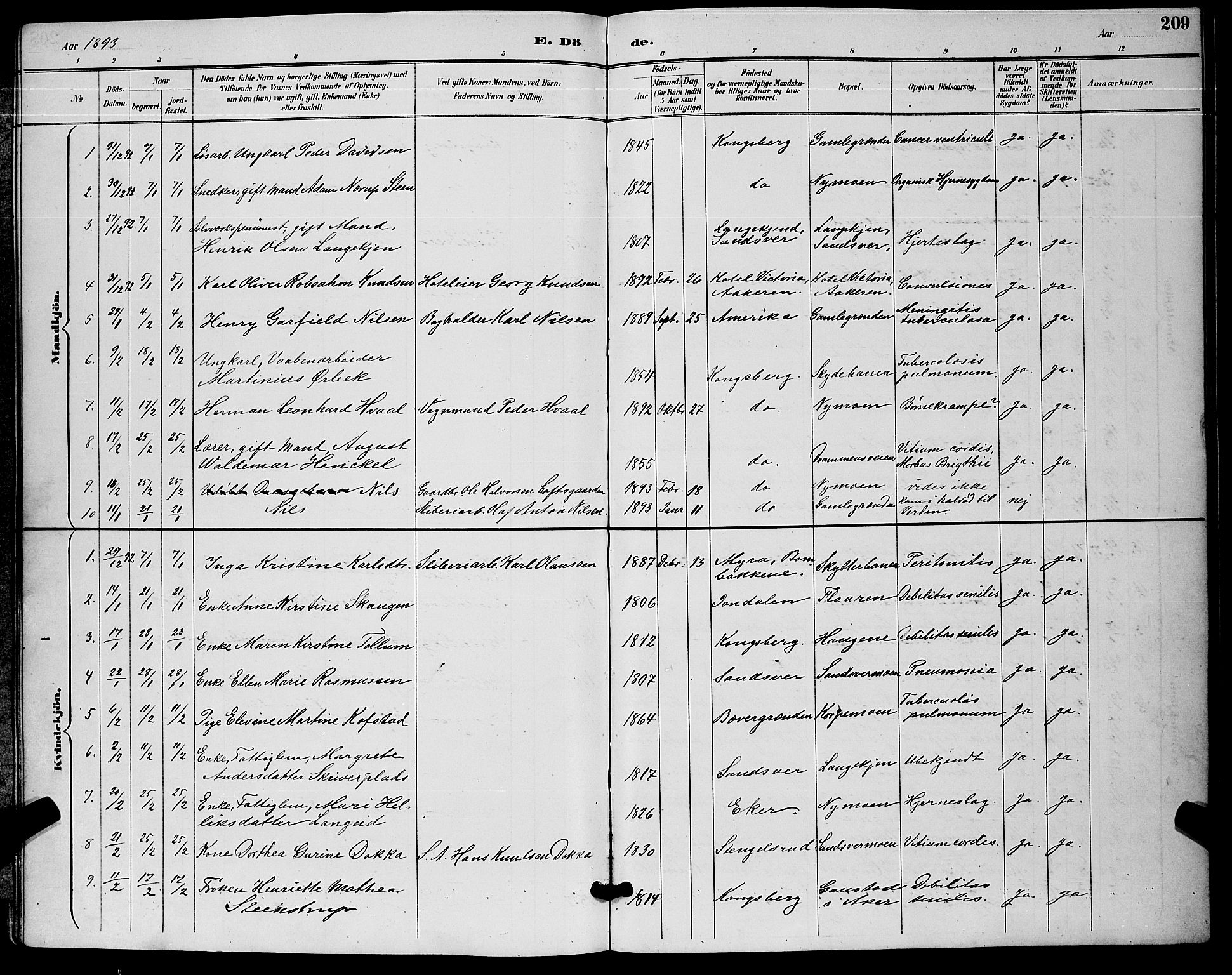 Kongsberg kirkebøker, AV/SAKO-A-22/G/Ga/L0006: Klokkerbok nr. 6, 1890-1901, s. 209