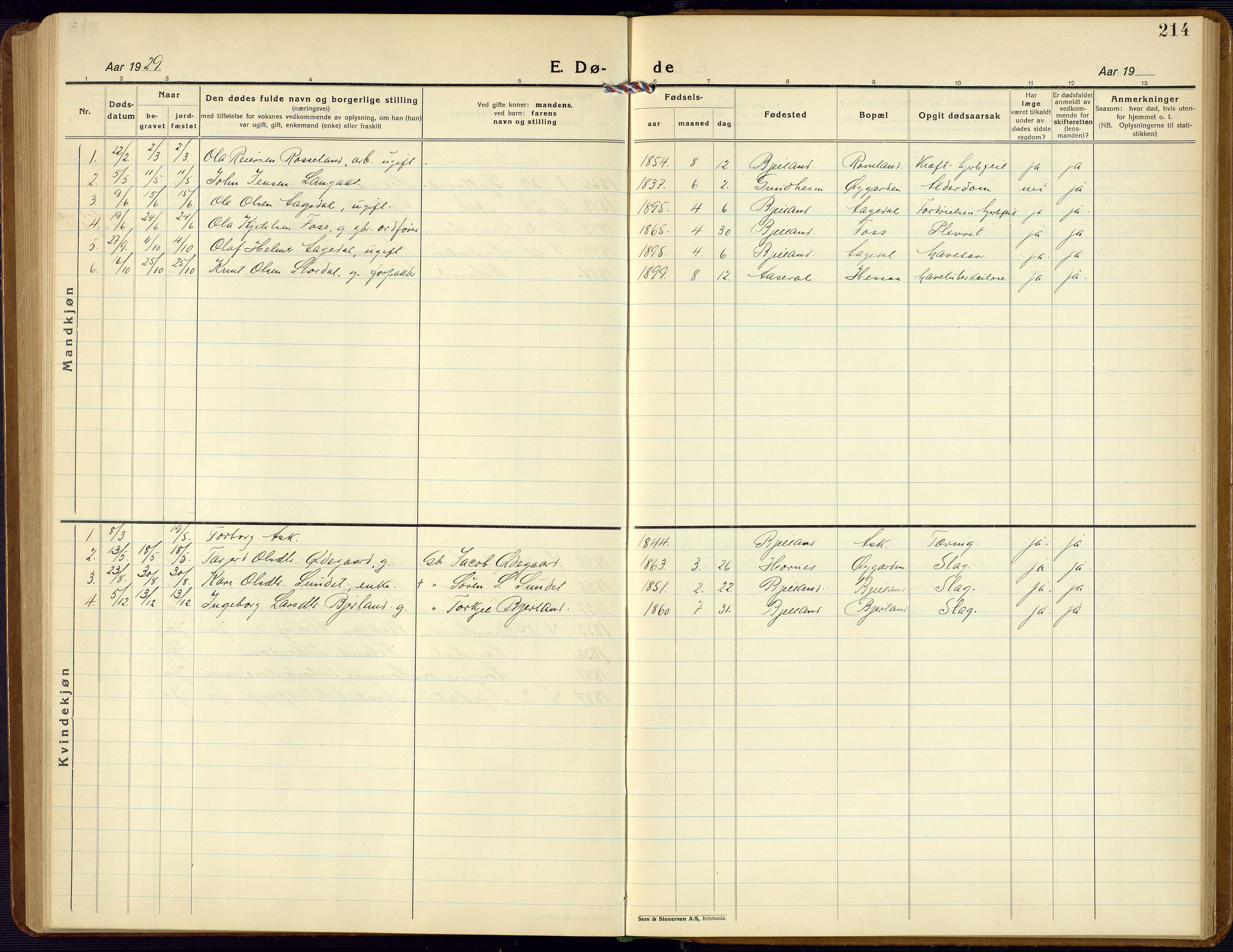 Bjelland sokneprestkontor, SAK/1111-0005/F/Fb/Fba/L0006: Klokkerbok nr. B 6, 1923-1956, s. 214