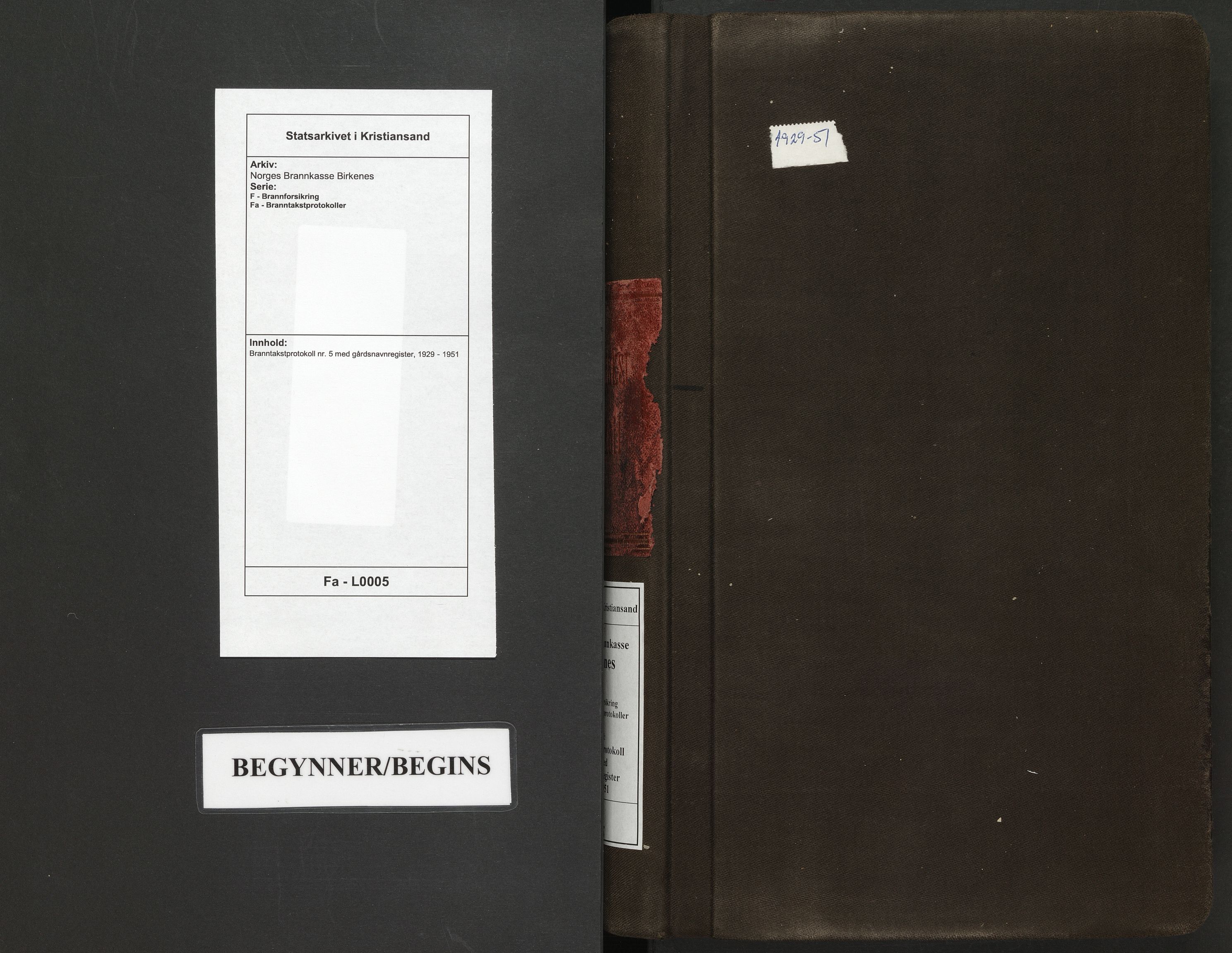 Norges Brannkasse Birkenes, SAK/2241-0005/F/Fa/L0005: Branntakstprotokoll nr. 5 med gårdsnavnregister, 1929-1951