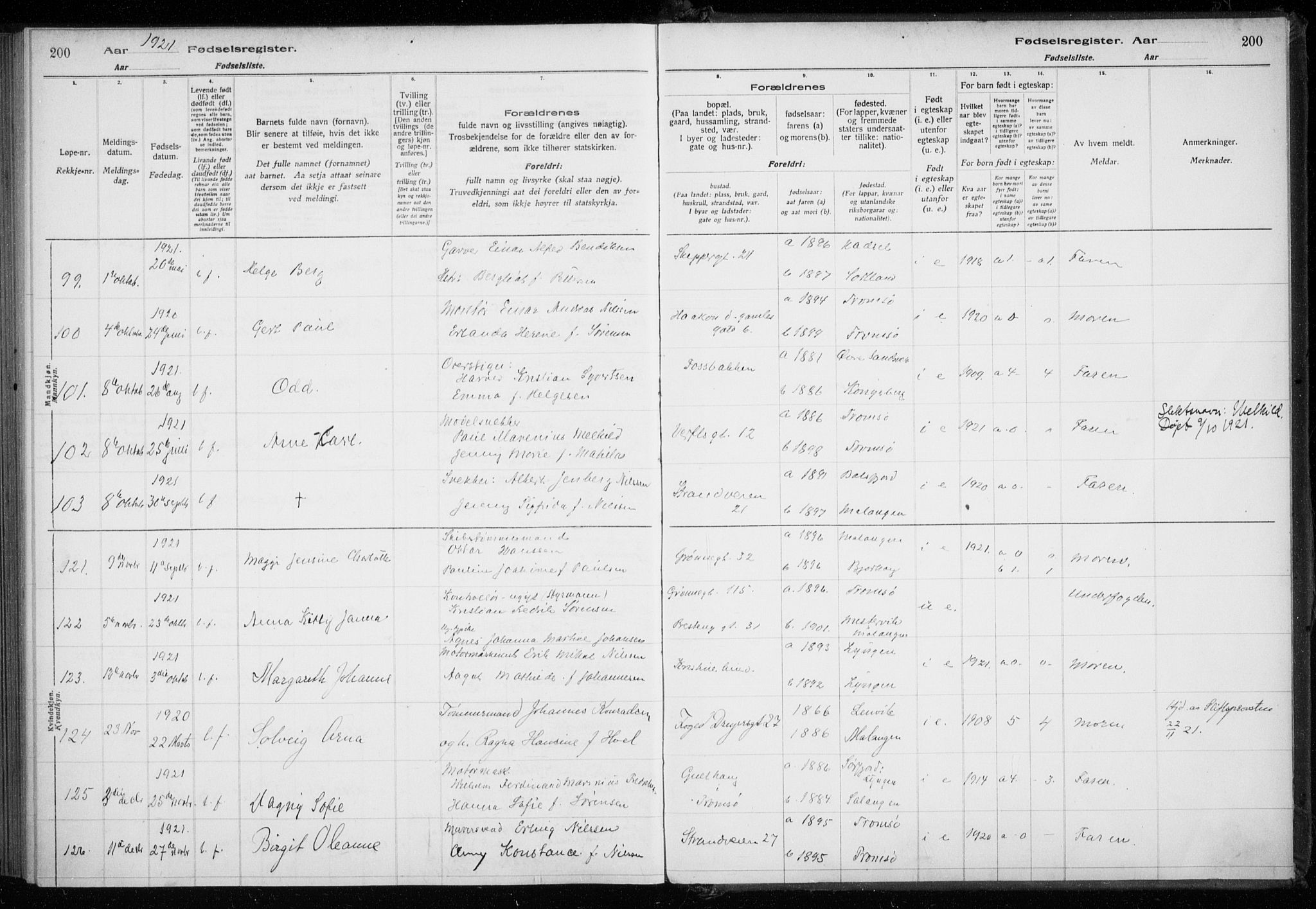 Tromsø sokneprestkontor/stiftsprosti/domprosti, SATØ/S-1343/H/Ha/L0131: Fødselsregister nr. 131, 1916-1921, s. 200