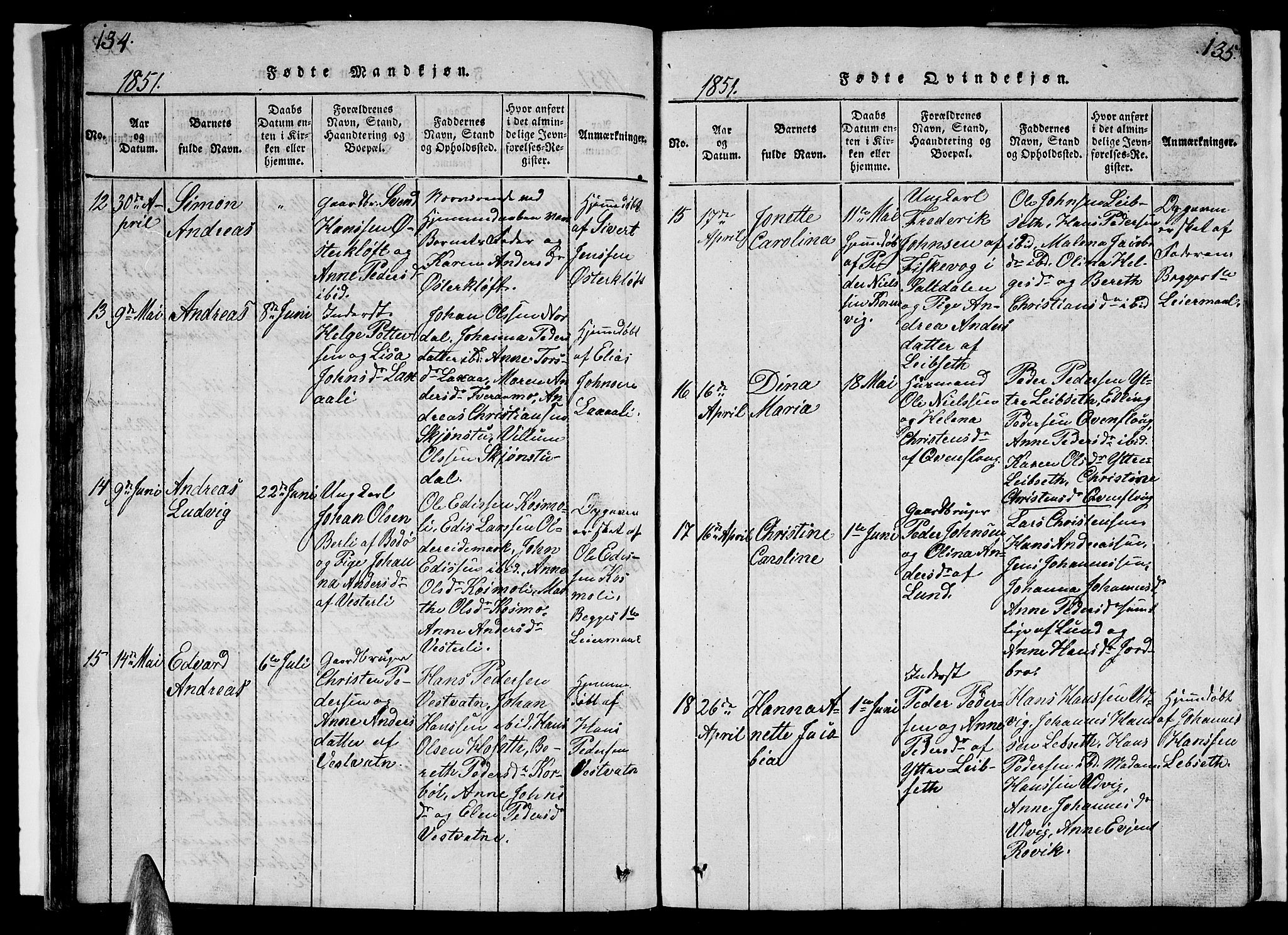 Ministerialprotokoller, klokkerbøker og fødselsregistre - Nordland, AV/SAT-A-1459/852/L0752: Klokkerbok nr. 852C03, 1840-1855, s. 134-135