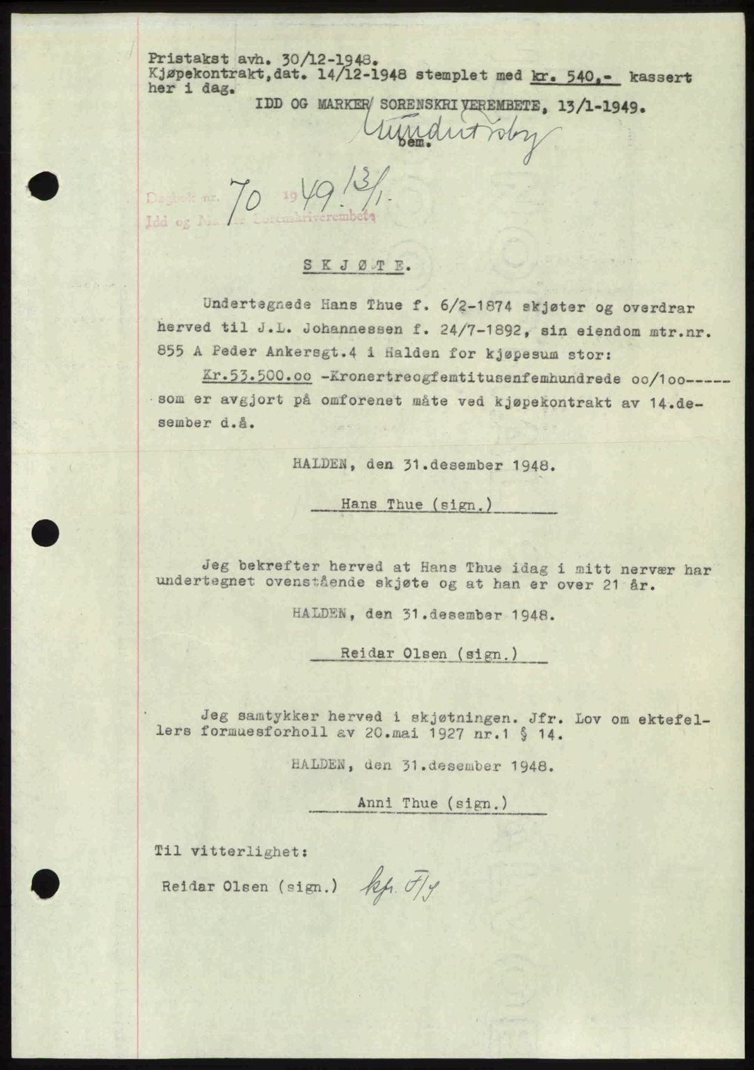 Idd og Marker sorenskriveri, SAO/A-10283/G/Gb/Gbb/L0011: Pantebok nr. A11, 1948-1949, Dagboknr: 70/1949