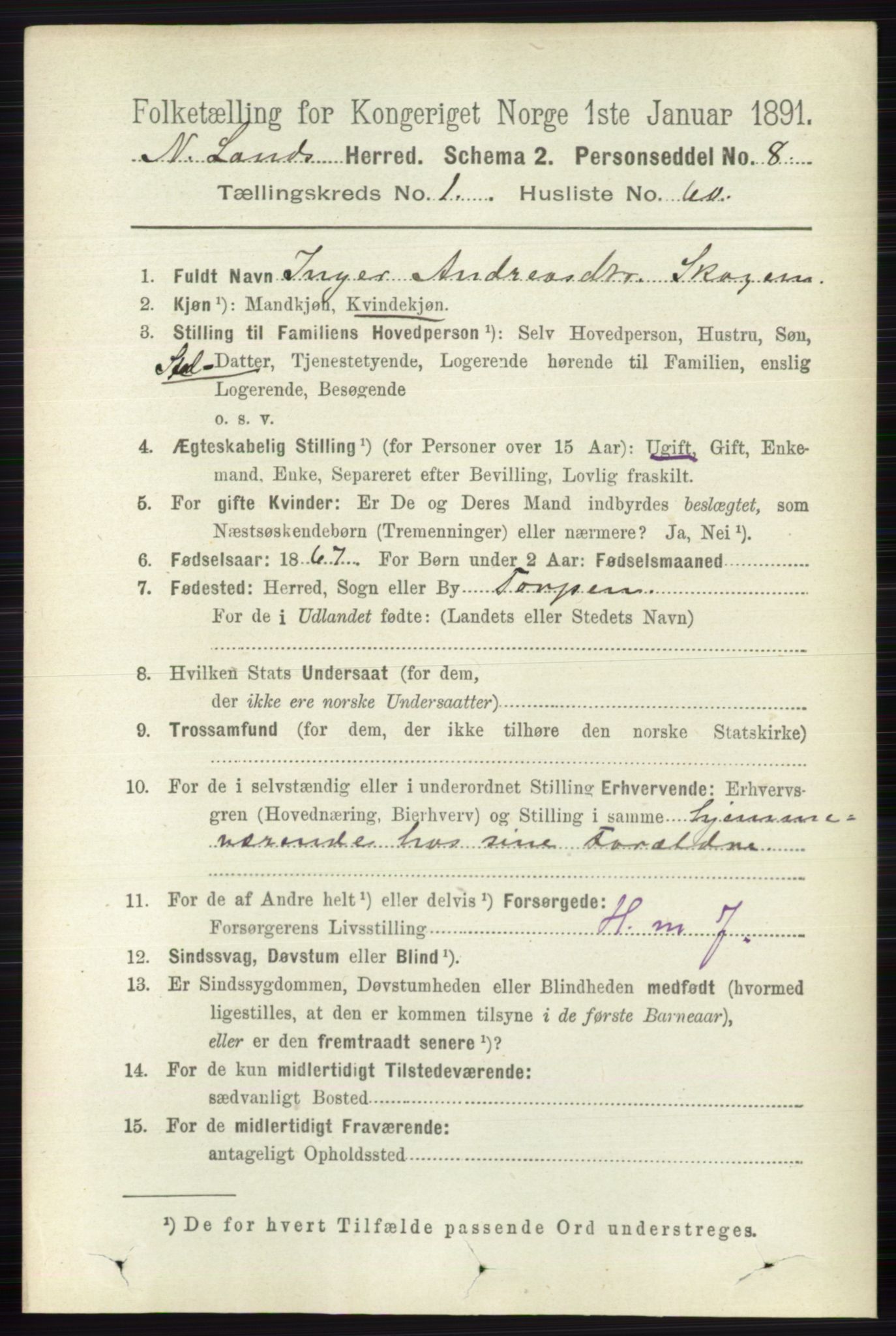 RA, Folketelling 1891 for 0538 Nordre Land herred, 1891, s. 485