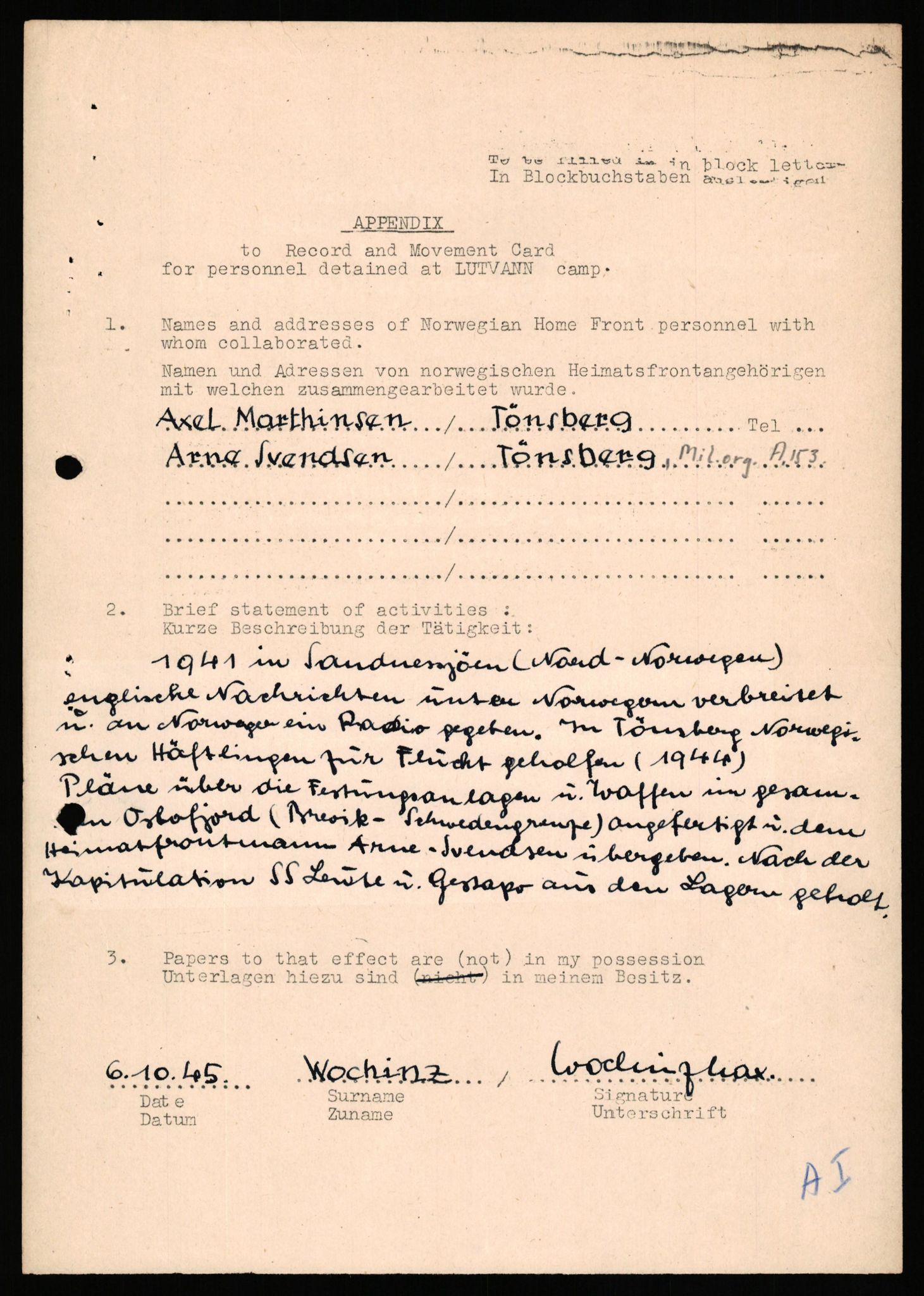 Forsvaret, Forsvarets overkommando II, AV/RA-RAFA-3915/D/Db/L0040: CI Questionaires. Tyske okkupasjonsstyrker i Norge. Østerrikere., 1945-1946, s. 442
