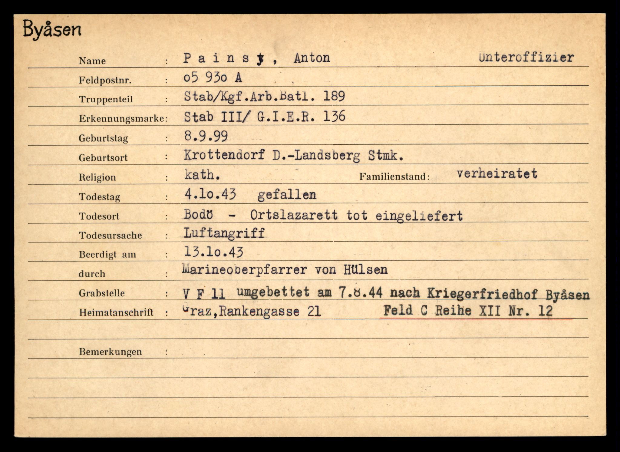 Distriktskontoret for krigsgraver, SAT/A-5030/E/L0004: Kasett/kartotek over tysk Krigskirkegård på Byåsen, 1945, s. 1267