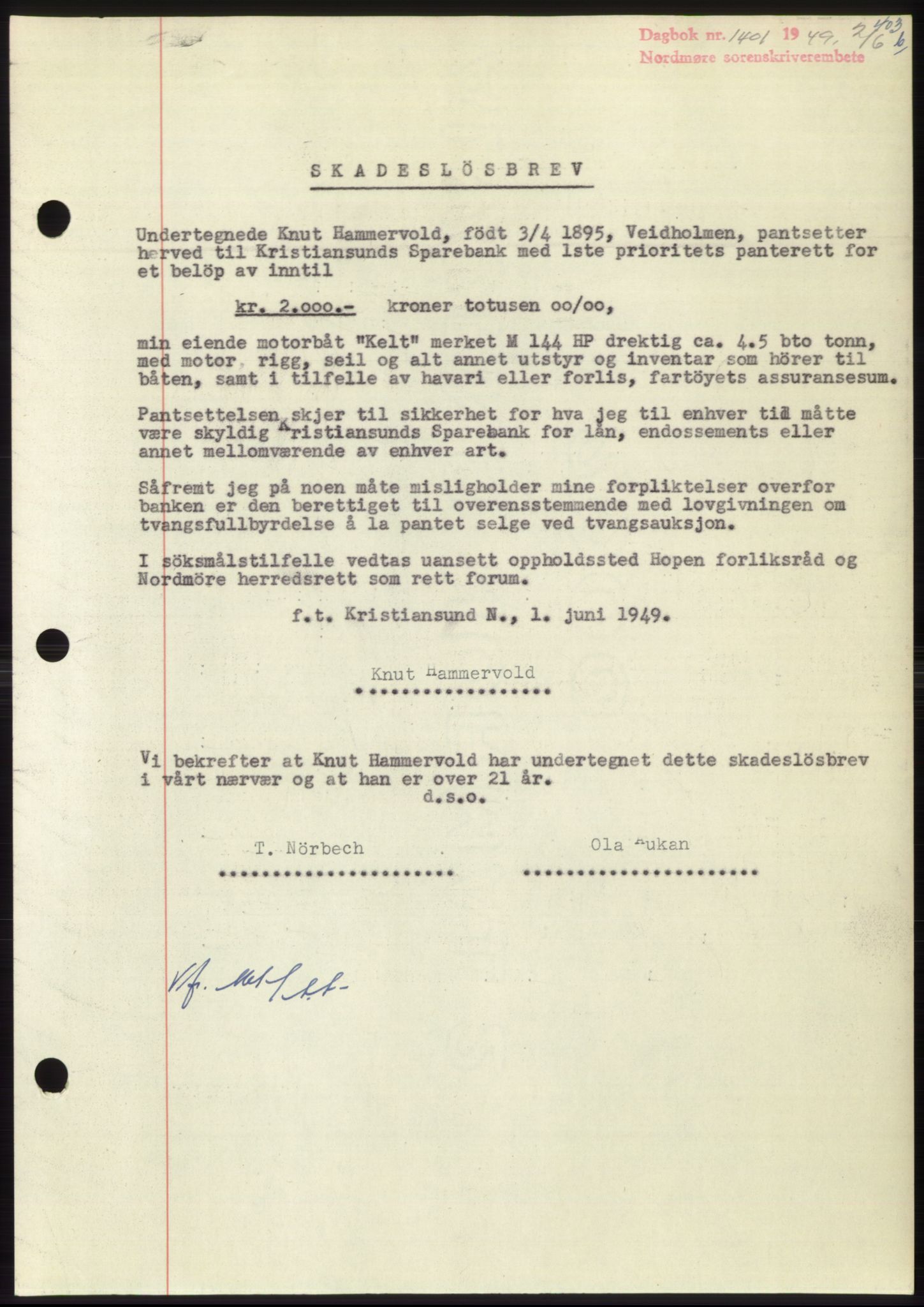 Nordmøre sorenskriveri, SAT/A-4132/1/2/2Ca: Pantebok nr. B101, 1949-1949, Dagboknr: 1401/1949