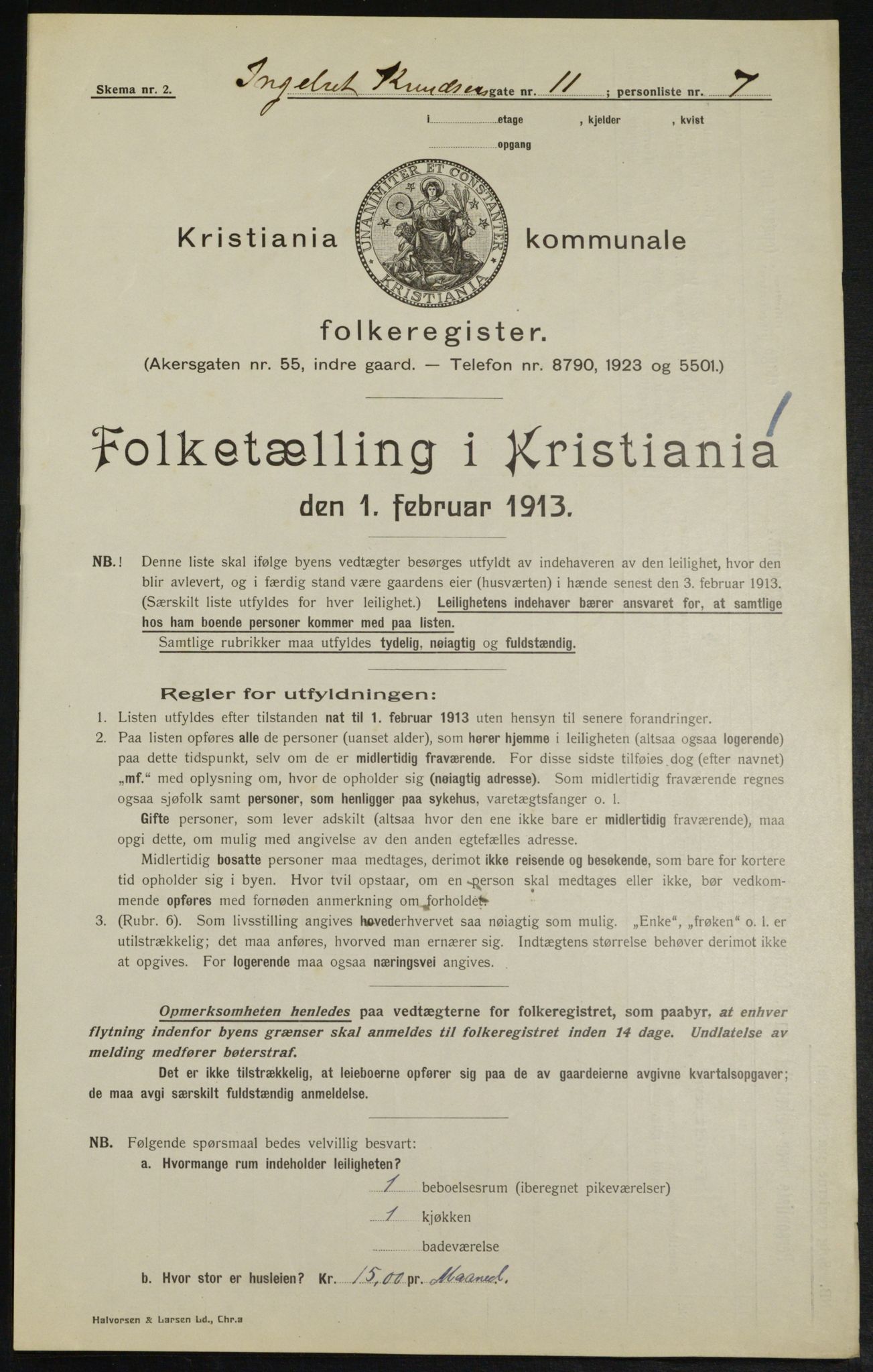 OBA, Kommunal folketelling 1.2.1913 for Kristiania, 1913, s. 43713