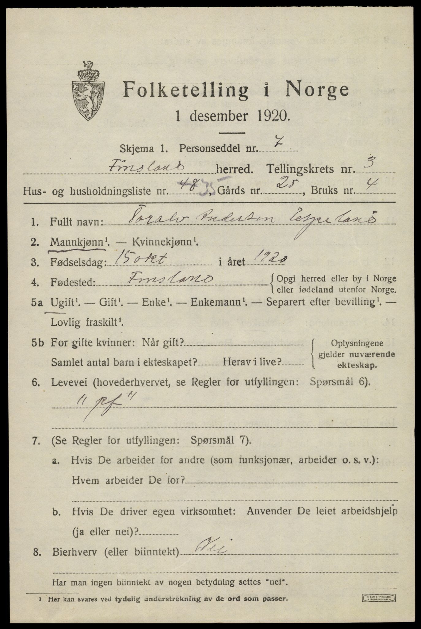SAK, Folketelling 1920 for 1023 Finsland herred, 1920, s. 1594