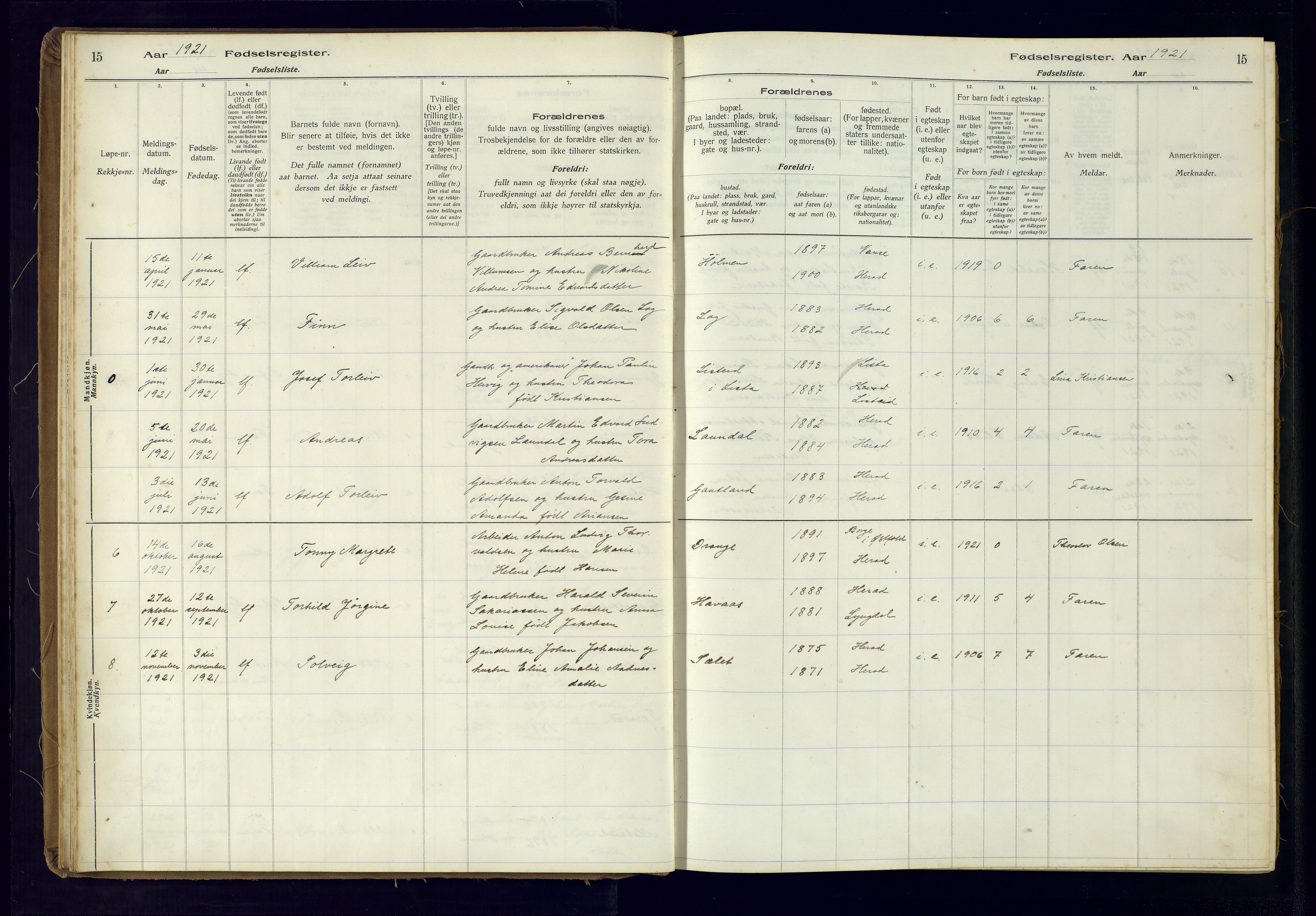 Herad sokneprestkontor, AV/SAK-1111-0018/J/Ja/L0001: Fødselsregister nr. A-VI-12, 1916-1981, s. 15