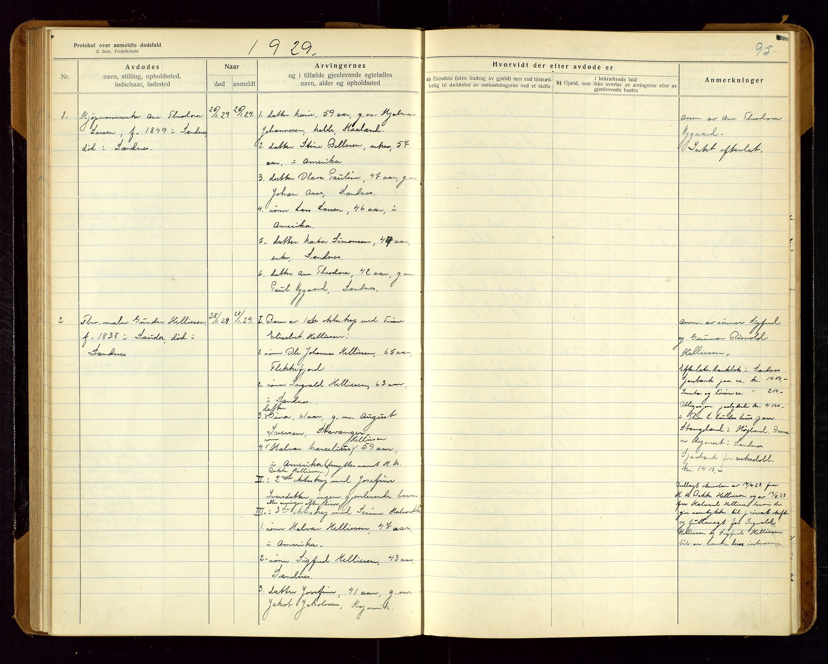 Sandnes lensmannskontor, AV/SAST-A-100167/Gga/L0001: "Protokol over anmeldte dødsfald" m/register, 1918-1940, s. 95