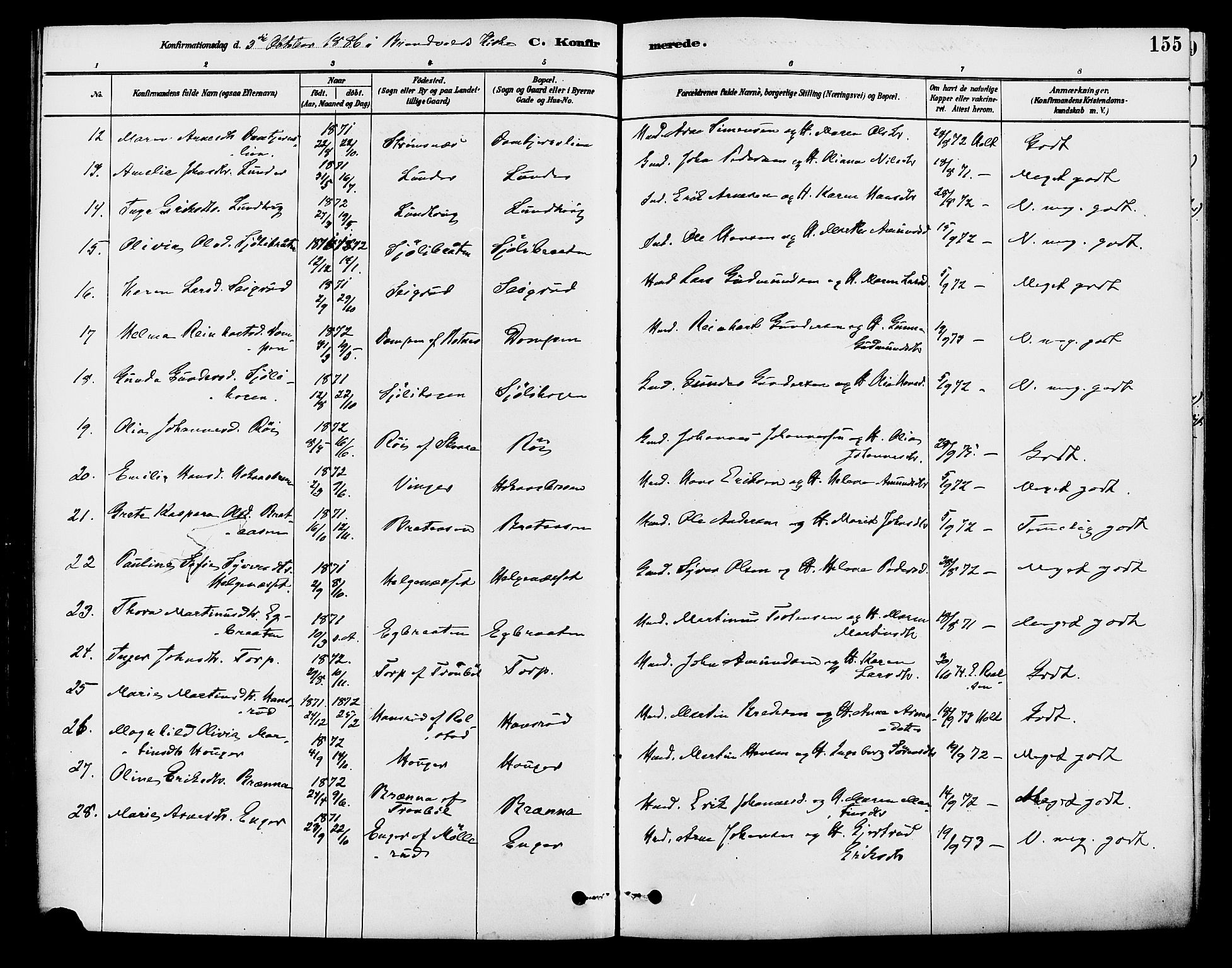 Brandval prestekontor, AV/SAH-PREST-034/H/Ha/Haa/L0002: Ministerialbok nr. 2, 1880-1894, s. 155