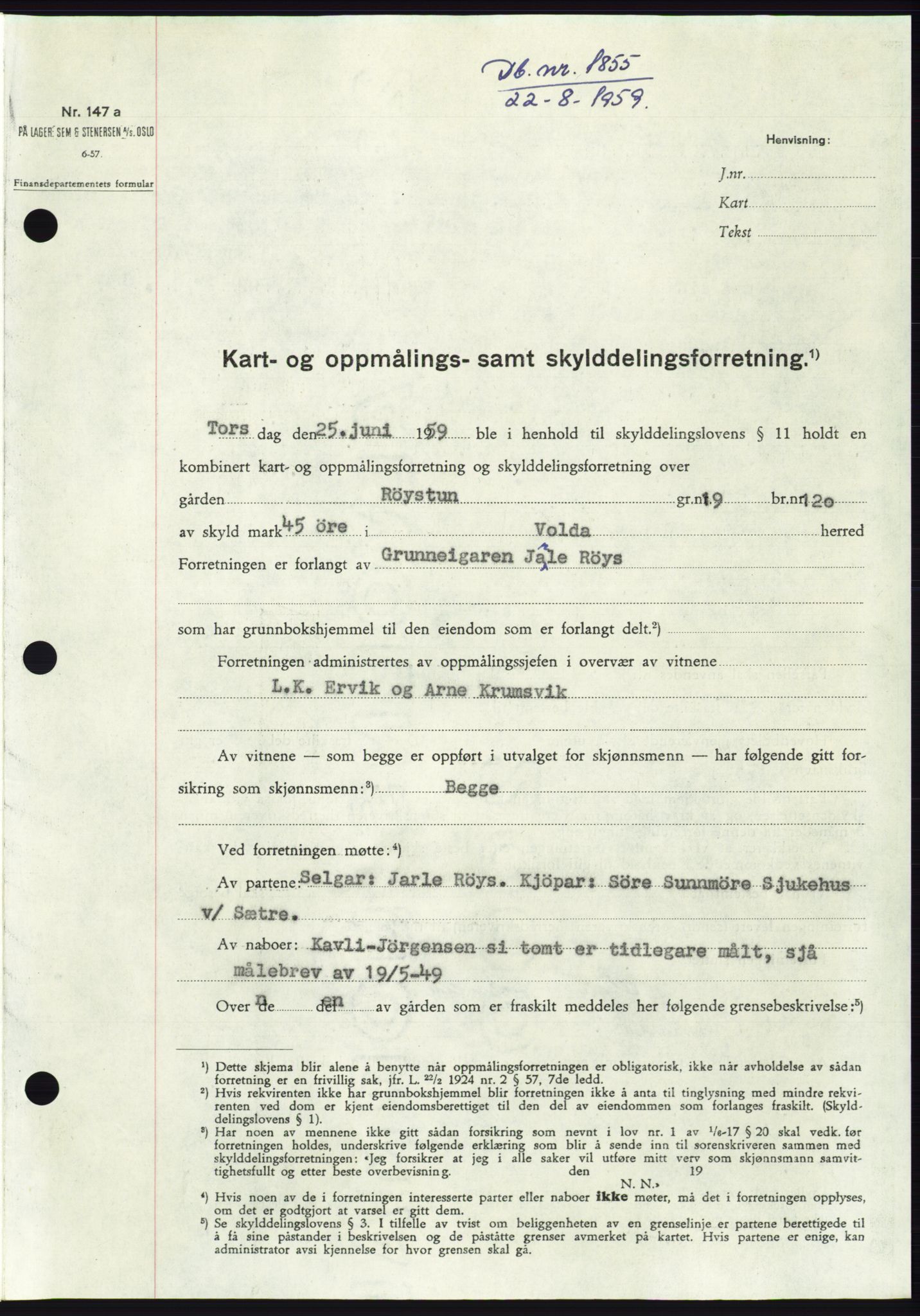 Søre Sunnmøre sorenskriveri, SAT/A-4122/1/2/2C/L0113: Pantebok nr. 39A, 1959-1959, Dagboknr: 1855/1959
