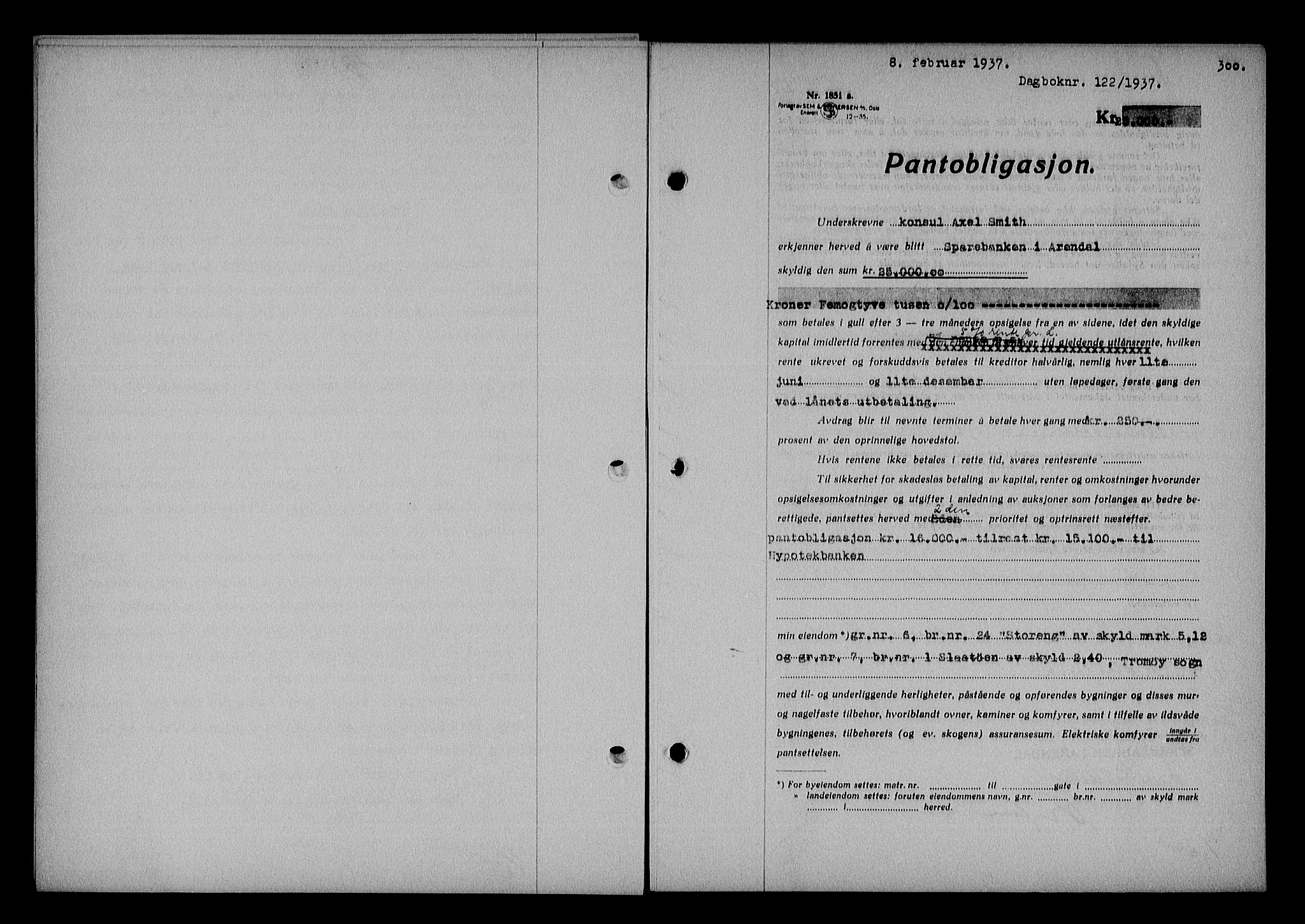 Nedenes sorenskriveri, SAK/1221-0006/G/Gb/Gba/L0043: Pantebok nr. 39, 1936-1937, Dagboknr: 122/1937