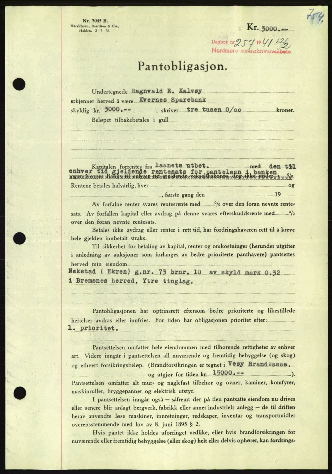 Nordmøre sorenskriveri, AV/SAT-A-4132/1/2/2Ca: Pantebok nr. B87, 1940-1941, Dagboknr: 257/1941