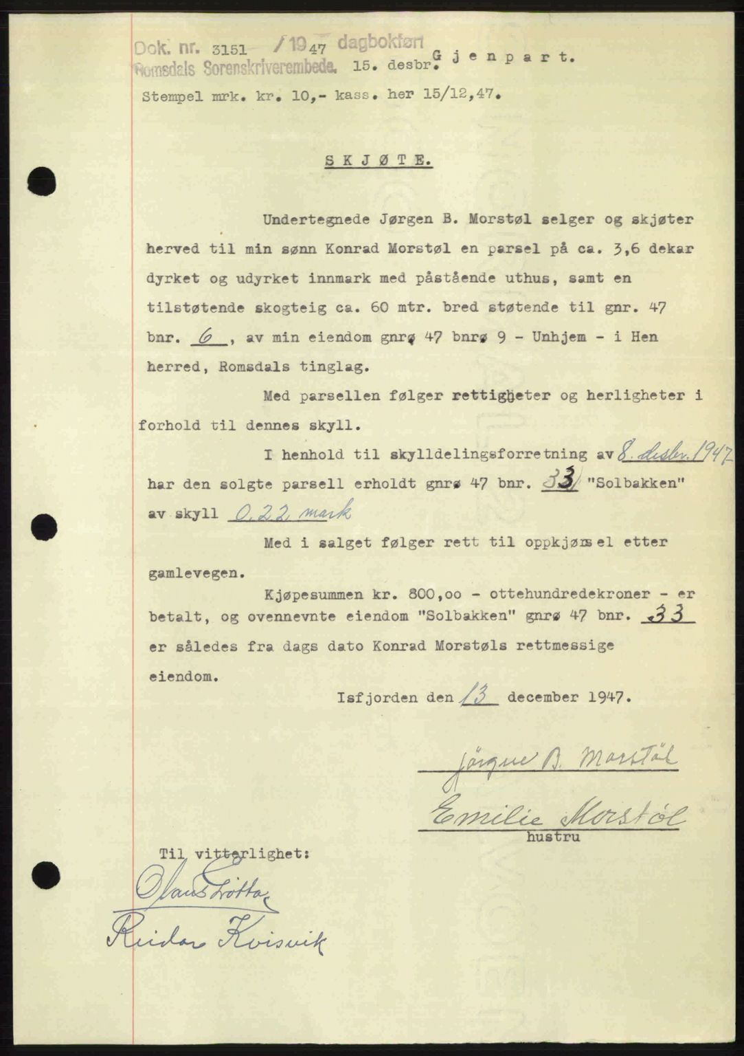 Romsdal sorenskriveri, SAT/A-4149/1/2/2C: Pantebok nr. A24, 1947-1947, Dagboknr: 3151/1947