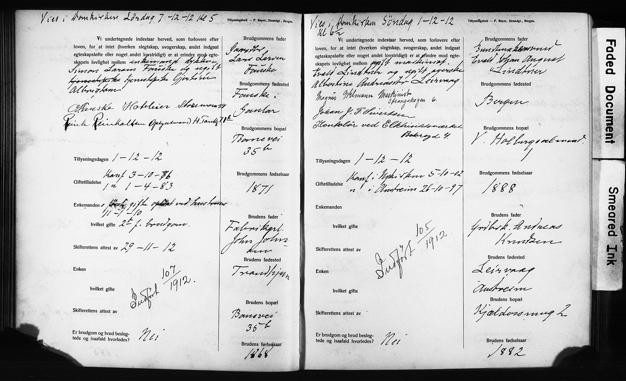Domkirken sokneprestembete, SAB/A-74801: Forlovererklæringer nr. II.5.12, 1910-1917, s. 129