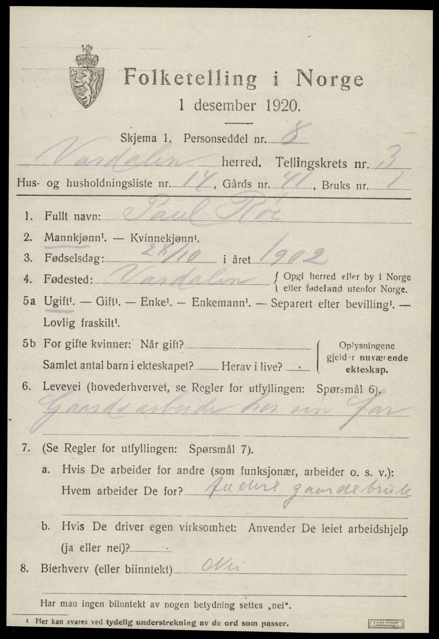 SAT, Folketelling 1920 for 1721 Verdal herred, 1920, s. 6855