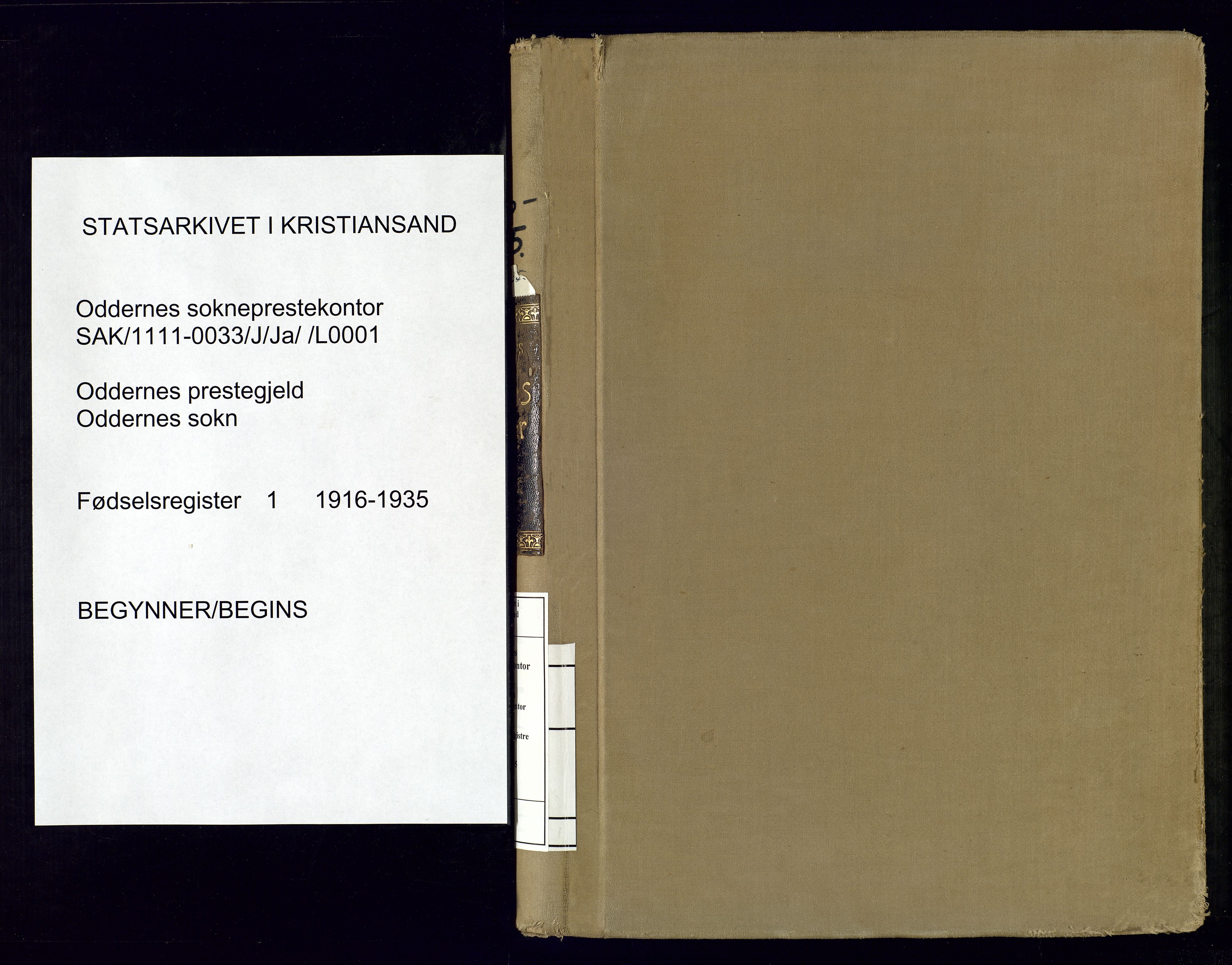 Oddernes sokneprestkontor, SAK/1111-0033/J/Ja/L0001: Fødselsregister nr. 1, 1916-1935